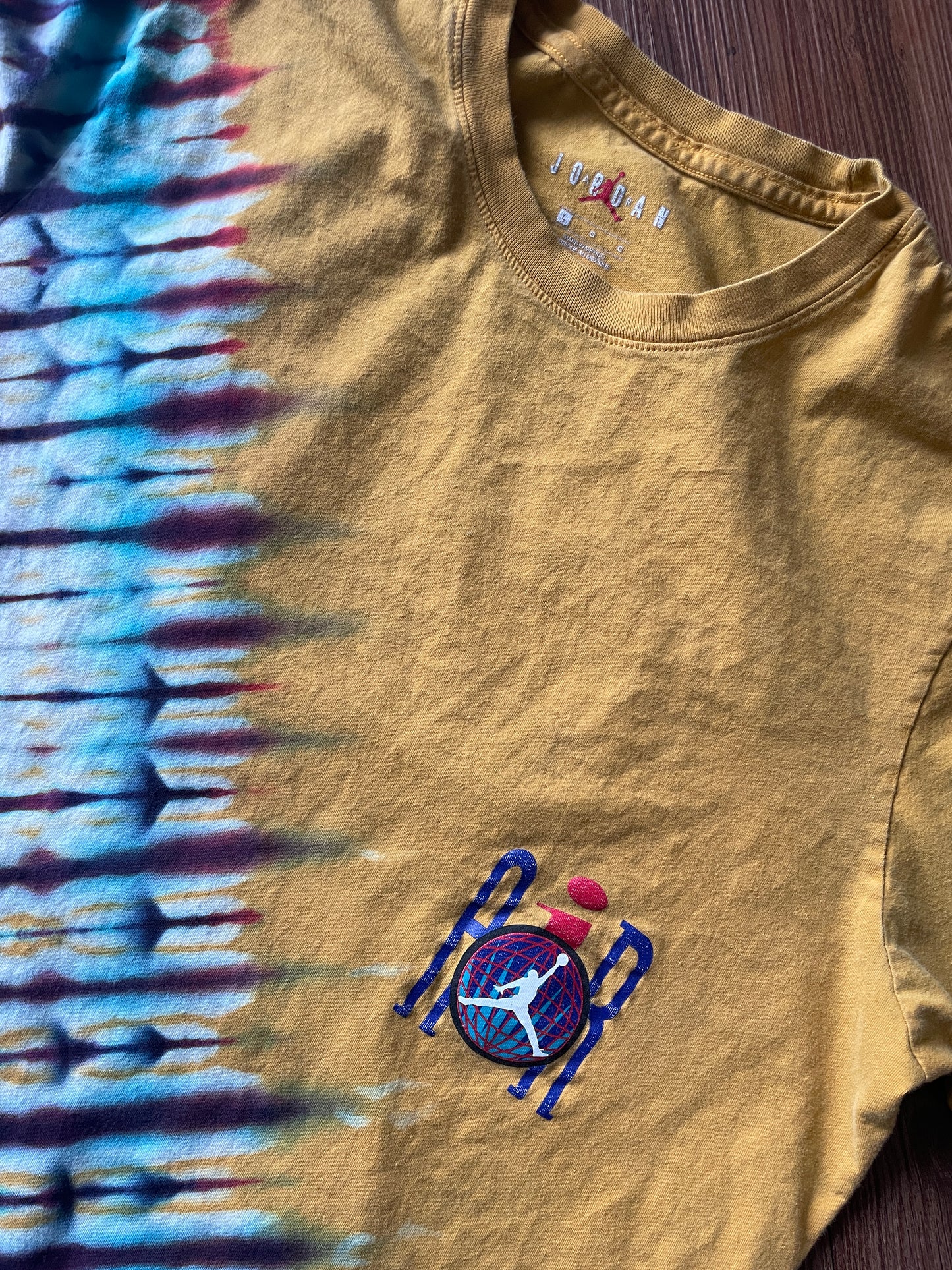 LARGE Men’s Vintage 90s Air Jordan Handmade Tie Dye T-Shirt | One-Of-a-Kind Yellow, Red, and Blue Pleated Bleach Dye Short Sleeve