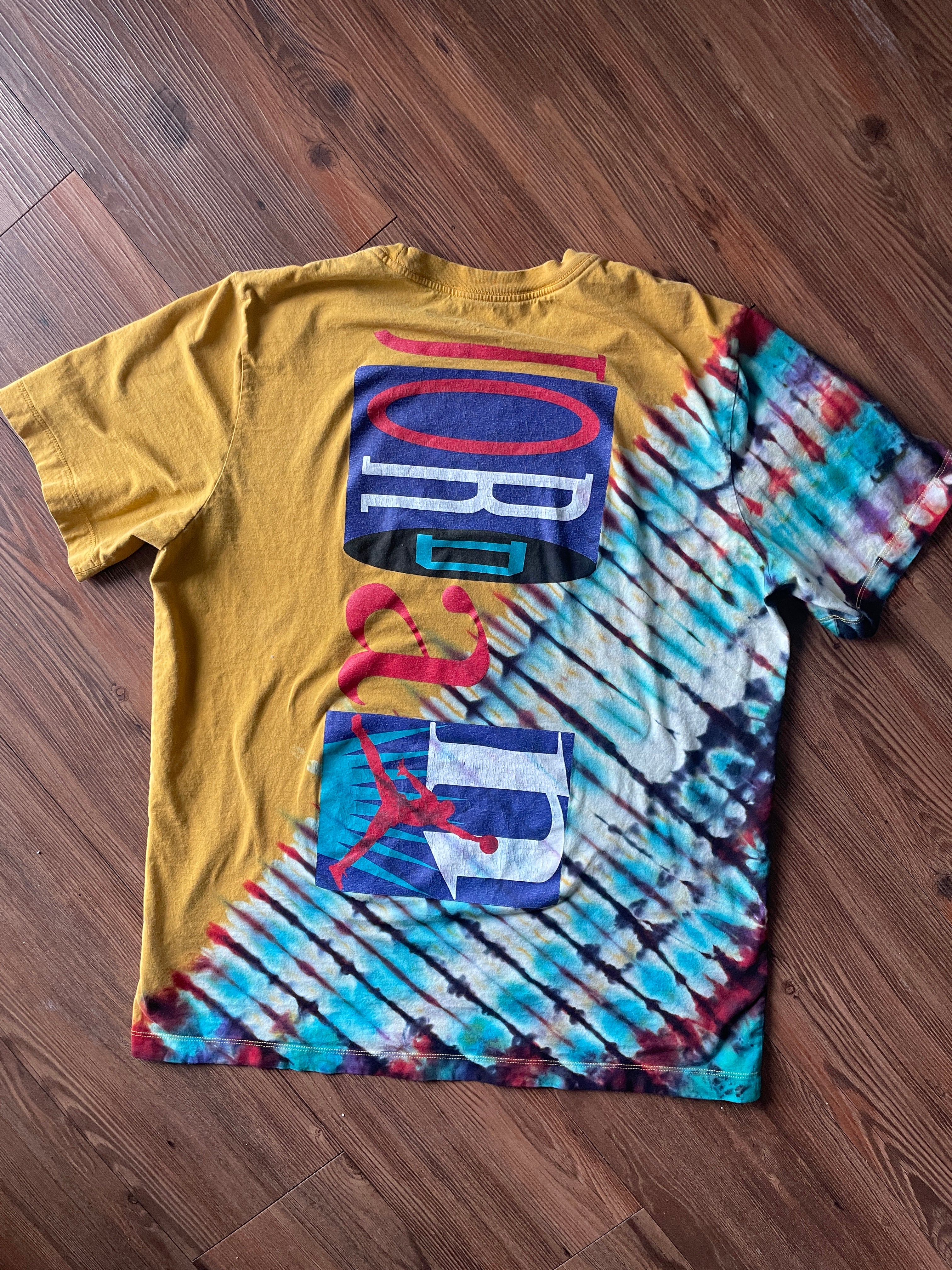 LARGE Men’s Vintage 90s Air Jordan Handmade Tie Dye T-Shirt | One-Of-a-Kind Yellow, Red, and Blue Pleated Bleach Dye Short Sleeve