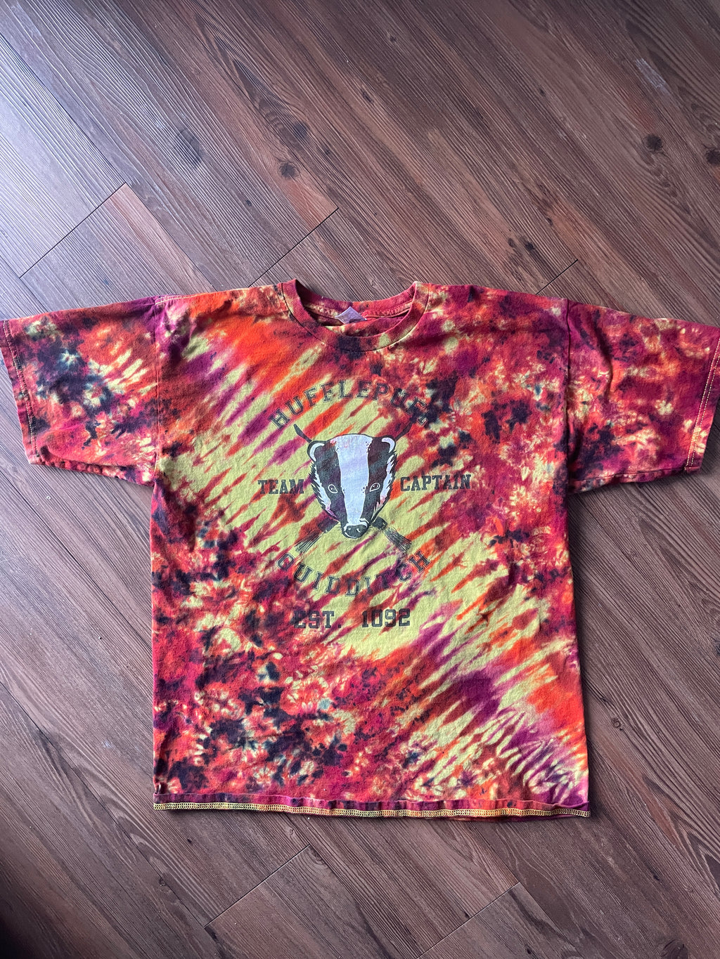 LARGE Men’s Hufflepuff Quidditch Team Captain Handmade Tie Dye T-Shirt | One-Of-a-Kind Yellow and Orange Short Sleeve