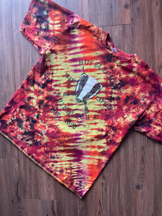 LARGE Men’s Hufflepuff Quidditch Team Captain Handmade Tie Dye T-Shirt | One-Of-a-Kind Yellow and Orange Short Sleeve