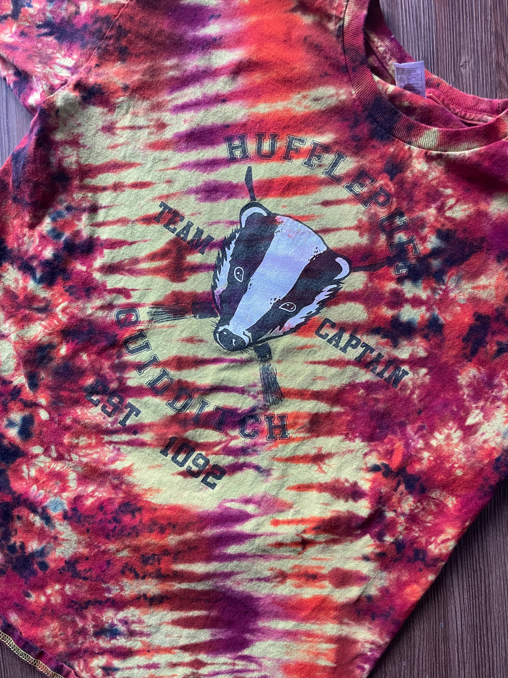 LARGE Men’s Hufflepuff Quidditch Team Captain Handmade Tie Dye T-Shirt | One-Of-a-Kind Yellow and Orange Short Sleeve