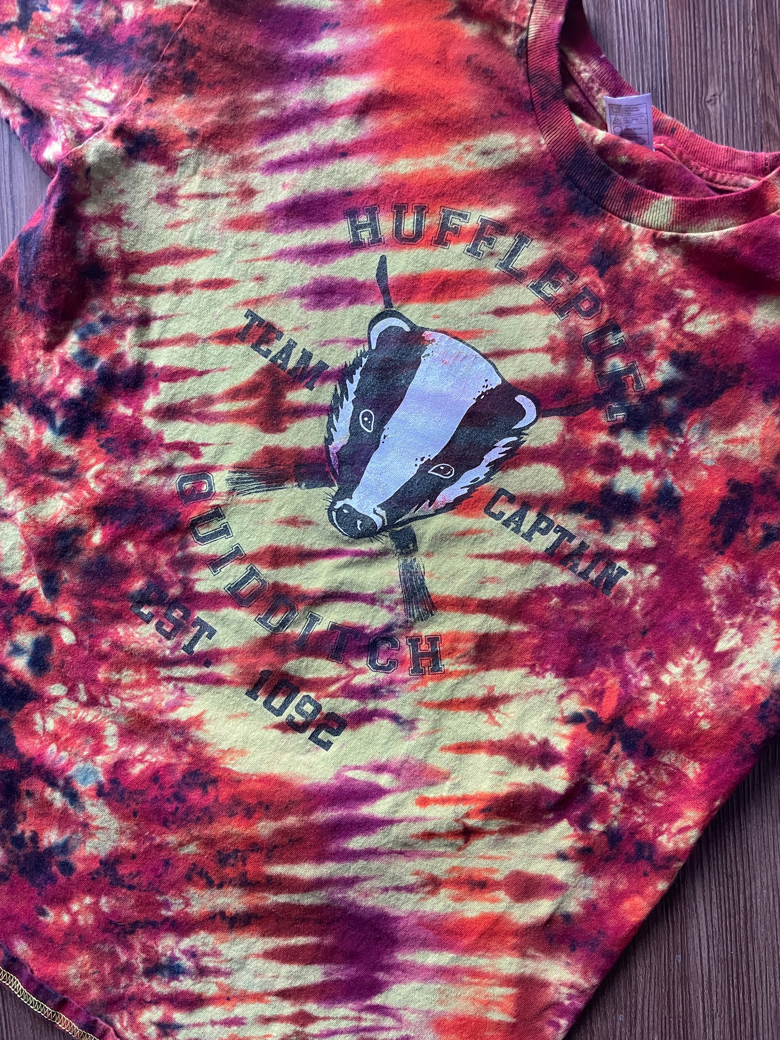 LARGE Men’s Hufflepuff Quidditch Team Captain Handmade Tie Dye T-Shirt | One-Of-a-Kind Yellow and Orange Short Sleeve