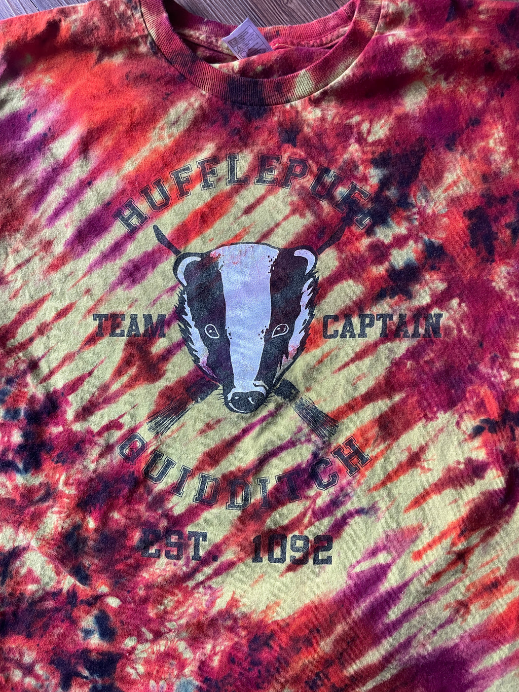 LARGE Men’s Hufflepuff Quidditch Team Captain Handmade Tie Dye T-Shirt | One-Of-a-Kind Yellow and Orange Short Sleeve