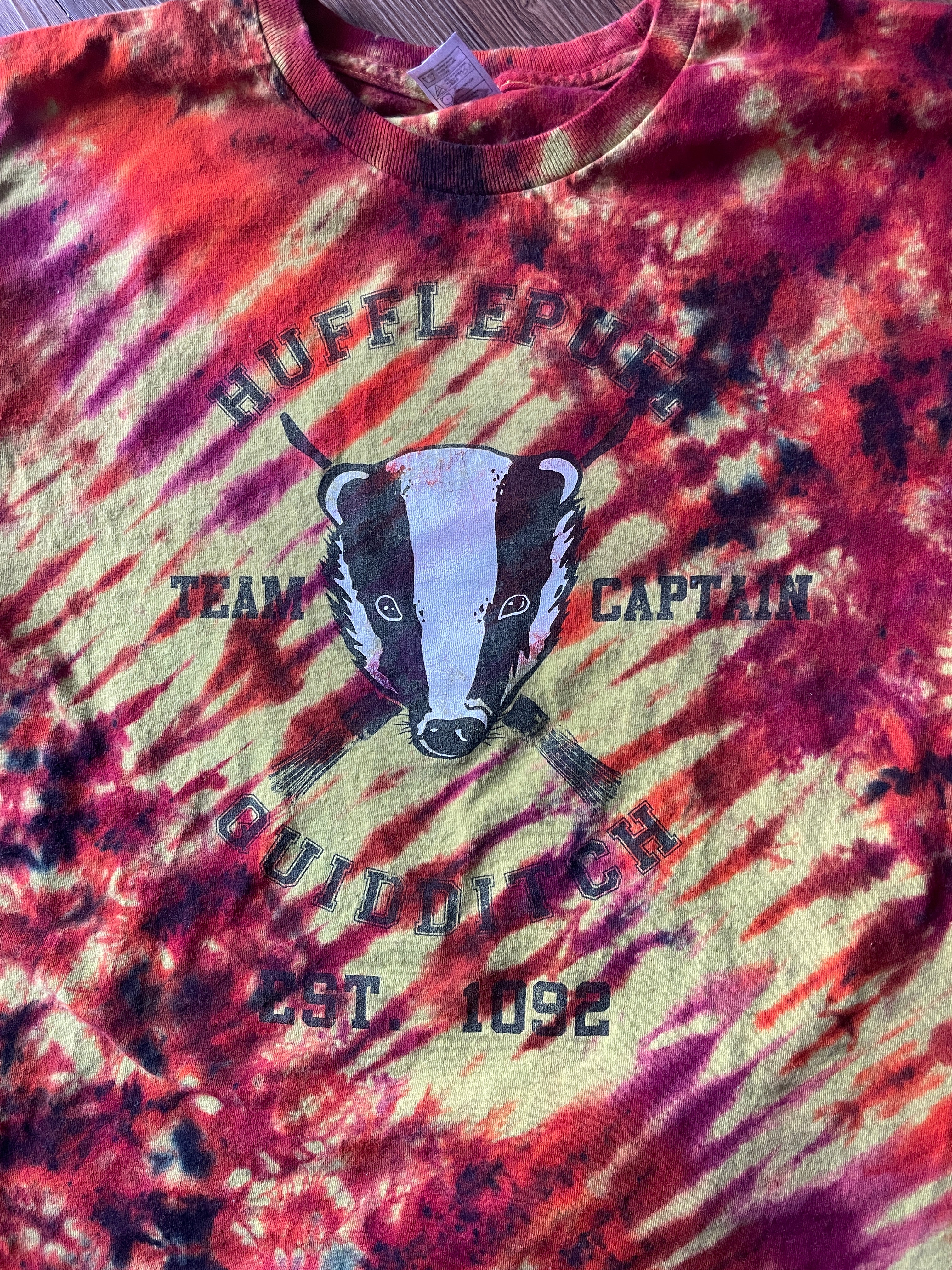 LARGE Men’s Hufflepuff Quidditch Team Captain Handmade Tie Dye T-Shirt | One-Of-a-Kind Yellow and Orange Short Sleeve