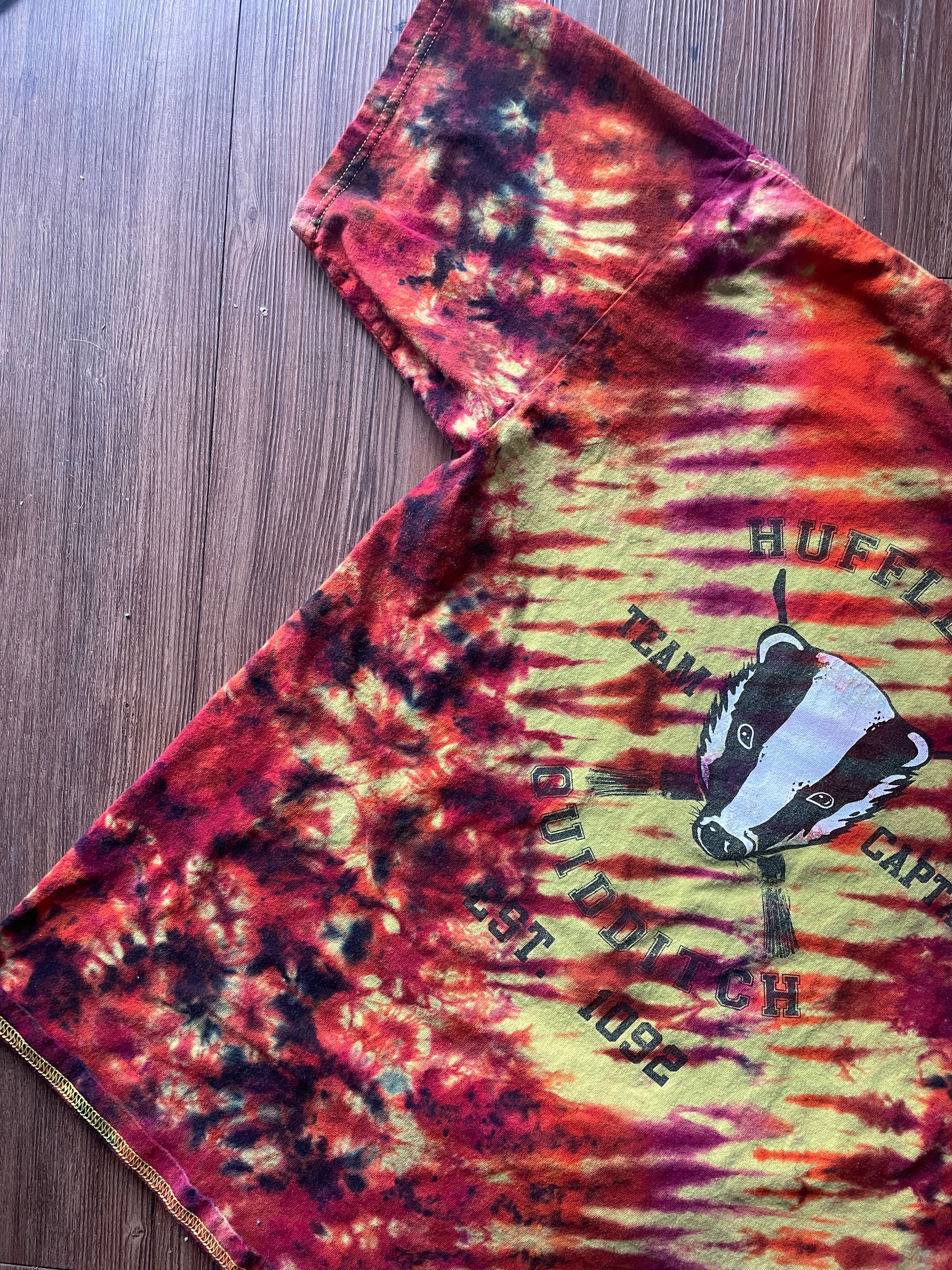 LARGE Men’s Hufflepuff Quidditch Team Captain Handmade Tie Dye T-Shirt | One-Of-a-Kind Yellow and Orange Short Sleeve