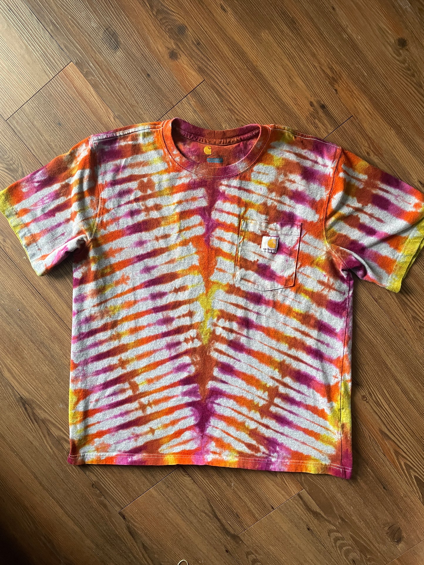 LARGE Men’s Carhartt Relaxed Fit Handmade Tie Dye T-Shirt | One-Of-a-Kind Orange and Pink Short Sleeve