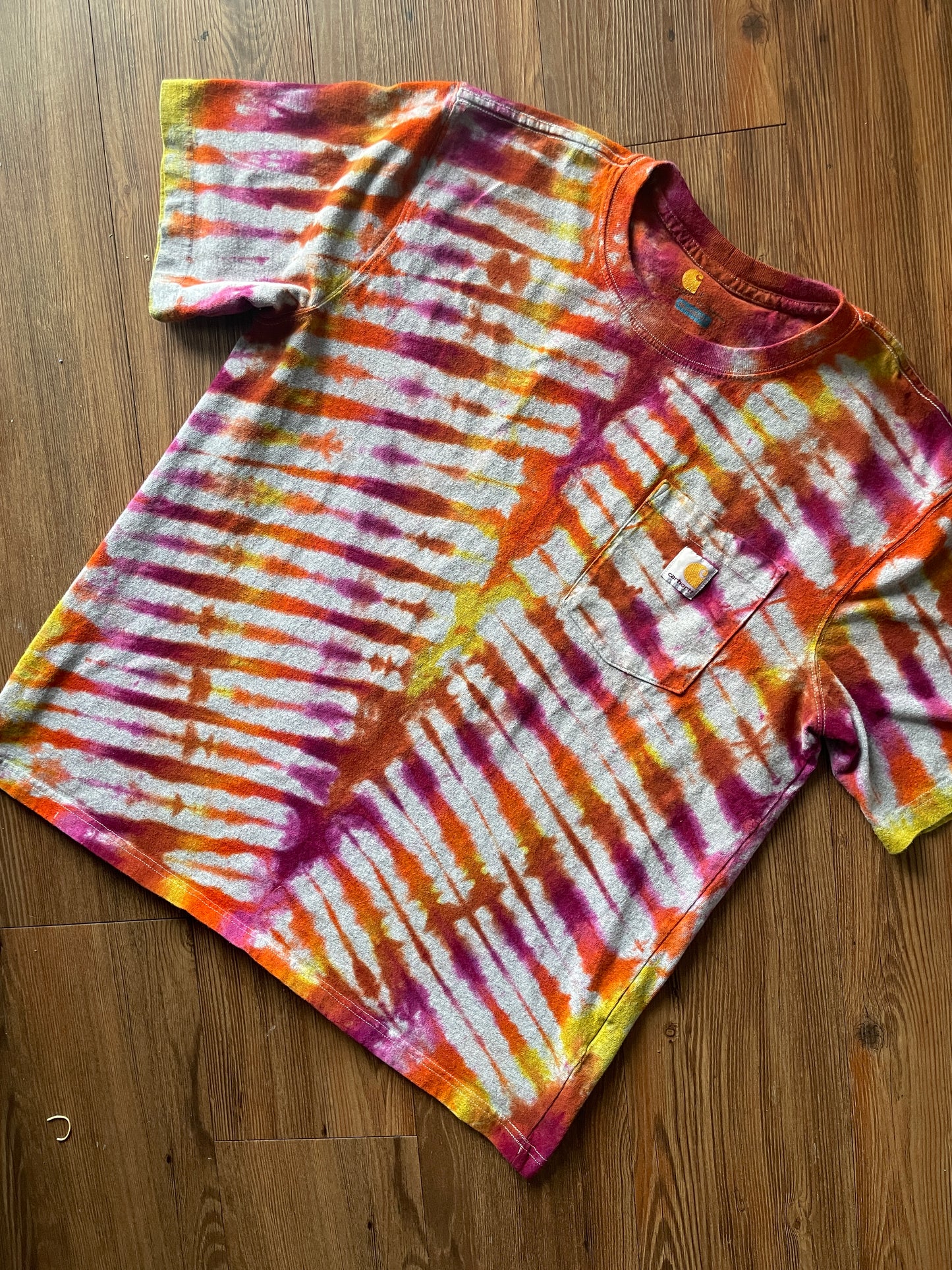 LARGE Men’s Carhartt Relaxed Fit Handmade Tie Dye T-Shirt | One-Of-a-Kind Orange and Pink Short Sleeve