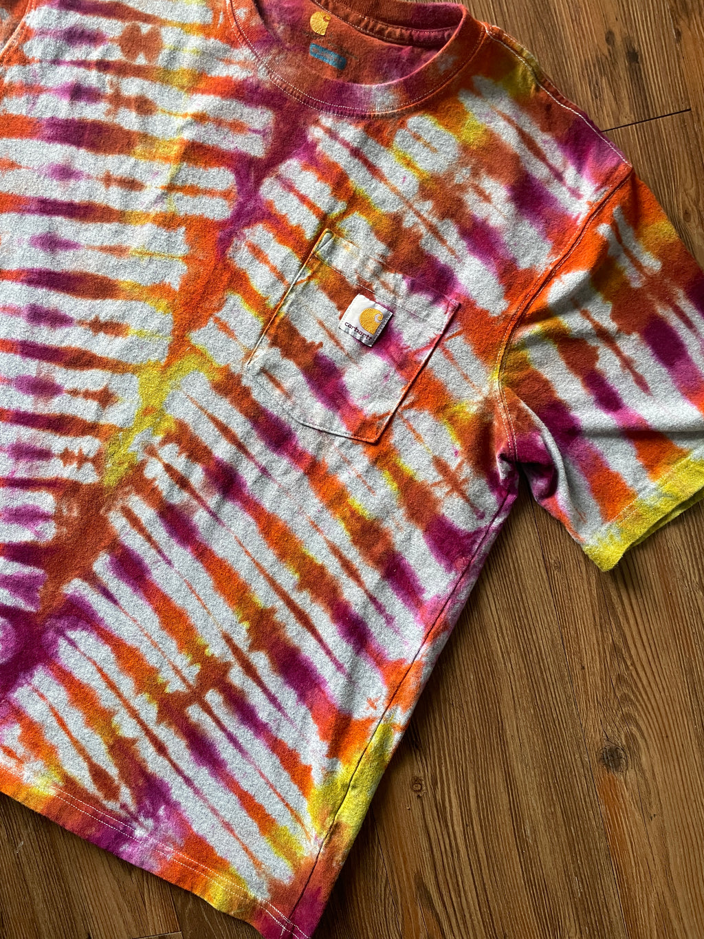 LARGE Men’s Carhartt Relaxed Fit Handmade Tie Dye T-Shirt | One-Of-a-Kind Orange and Pink Short Sleeve