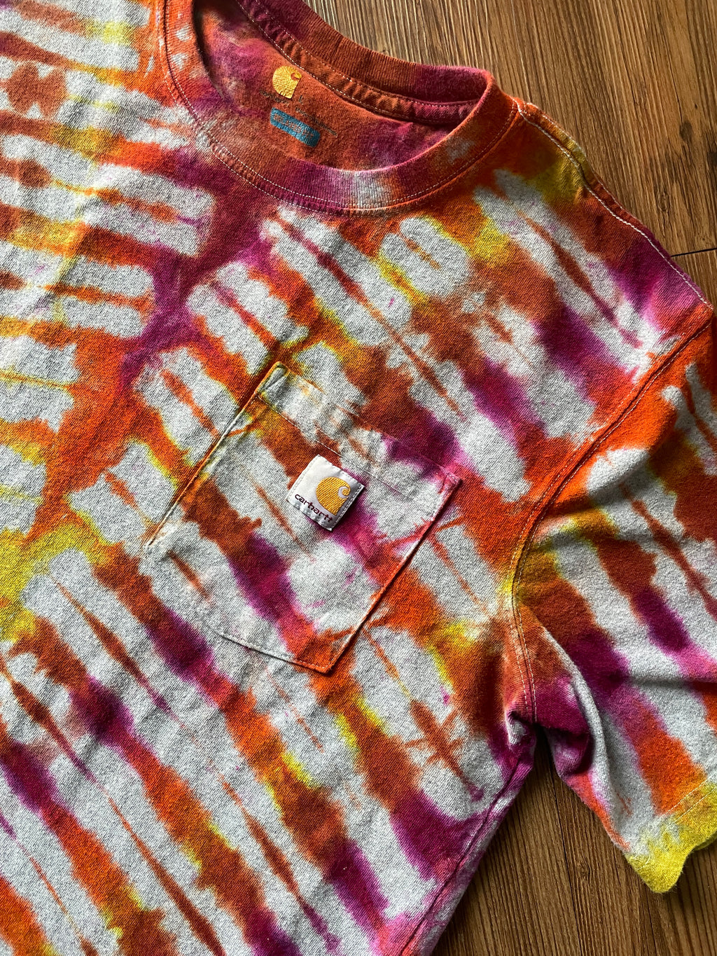 LARGE Men’s Carhartt Relaxed Fit Handmade Tie Dye T-Shirt | One-Of-a-Kind Orange and Pink Short Sleeve