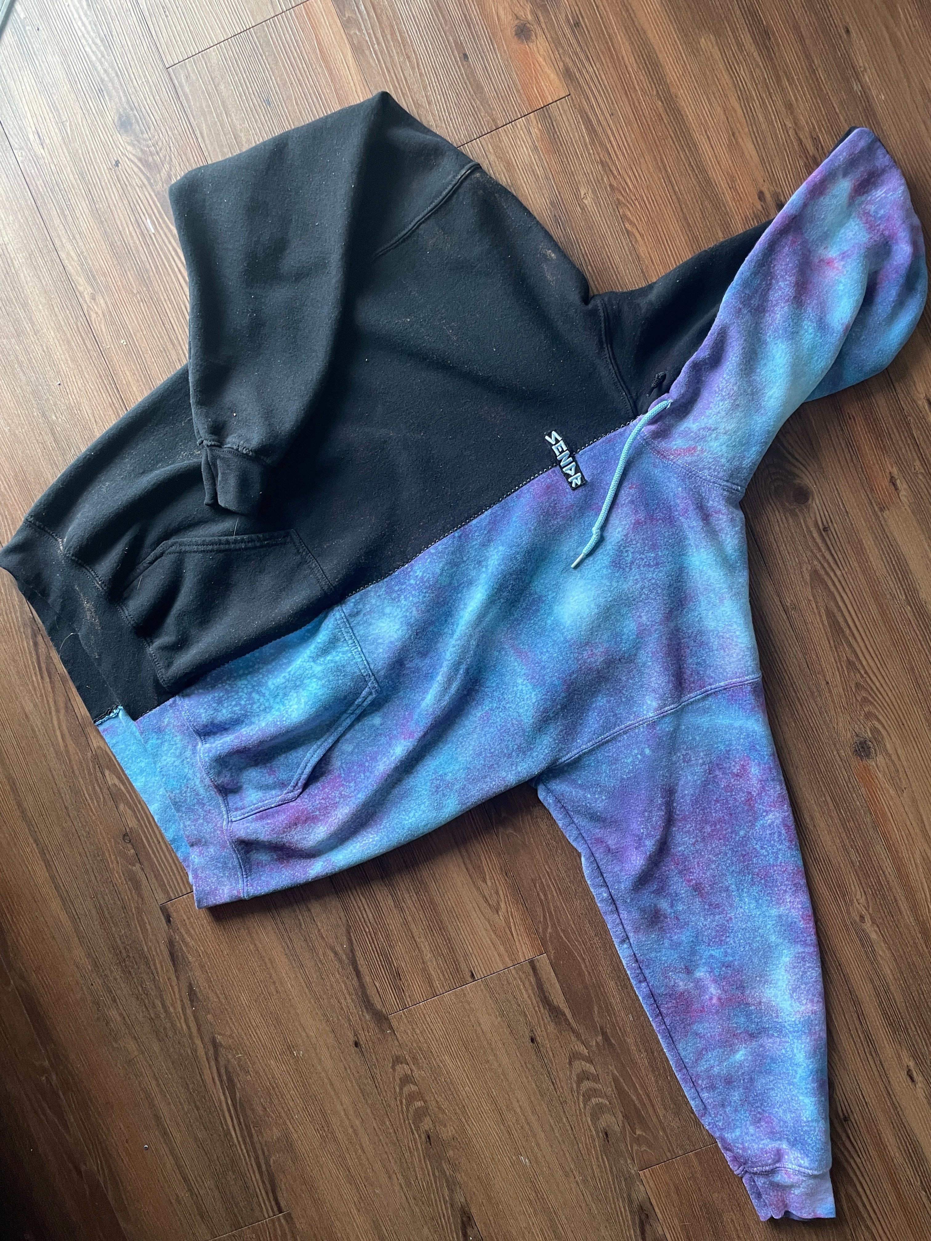 LARGE Men’s SENDR brand Half Galaxy Handmade Tie Dye Sweatshirt | One-Of-a-Kind Black and Blue Long Sleeve Hoodie