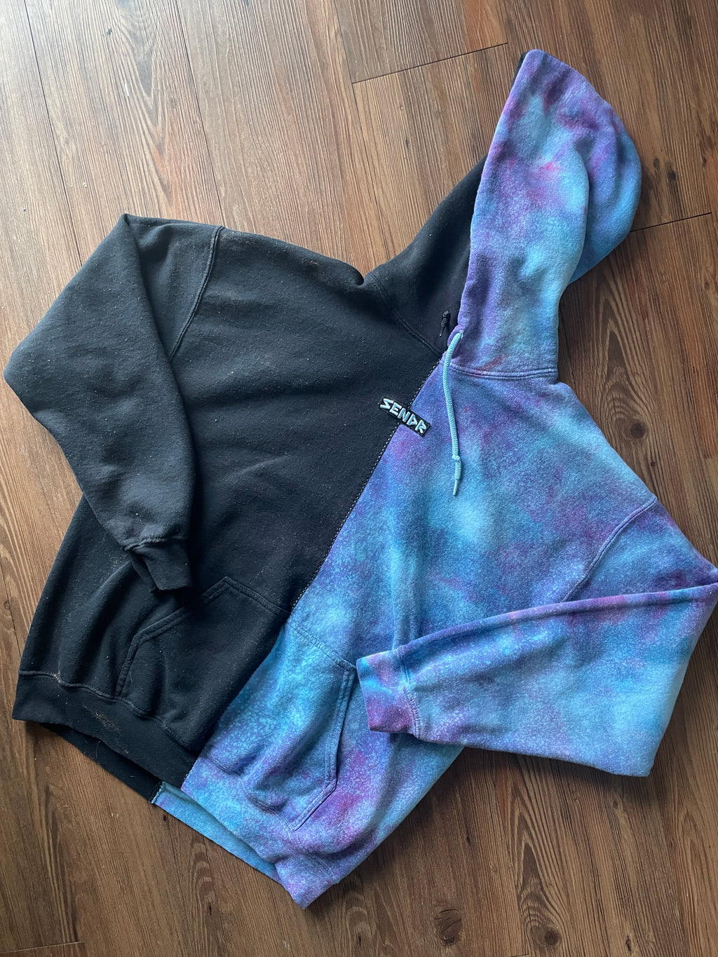 LARGE Men’s SENDR brand Half Galaxy Handmade Tie Dye Sweatshirt | One-Of-a-Kind Black and Blue Long Sleeve Hoodie