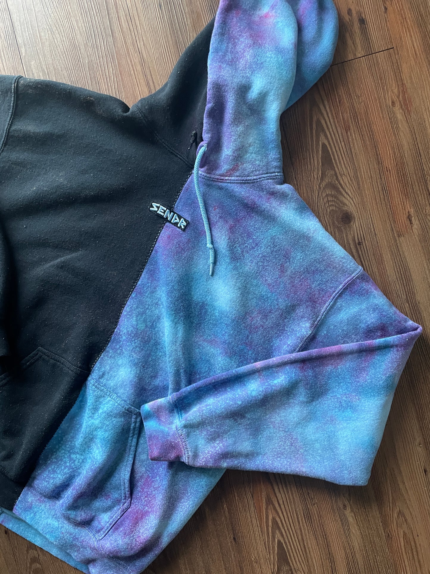 LARGE Men’s SENDR brand Half Galaxy Handmade Tie Dye Sweatshirt | One-Of-a-Kind Black and Blue Long Sleeve Hoodie