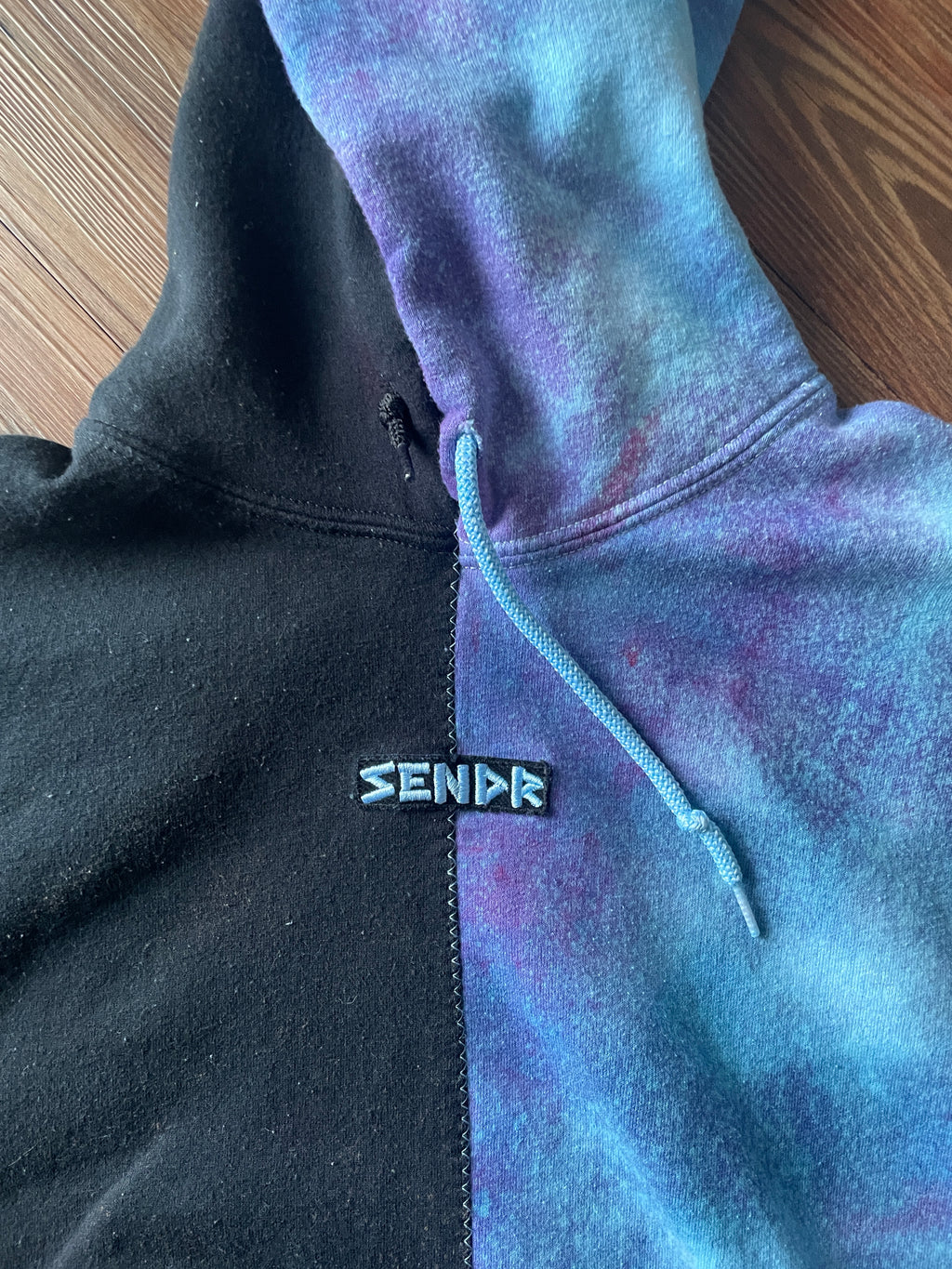 LARGE Men’s SENDR brand Half Galaxy Handmade Tie Dye Sweatshirt | One-Of-a-Kind Black and Blue Long Sleeve Hoodie