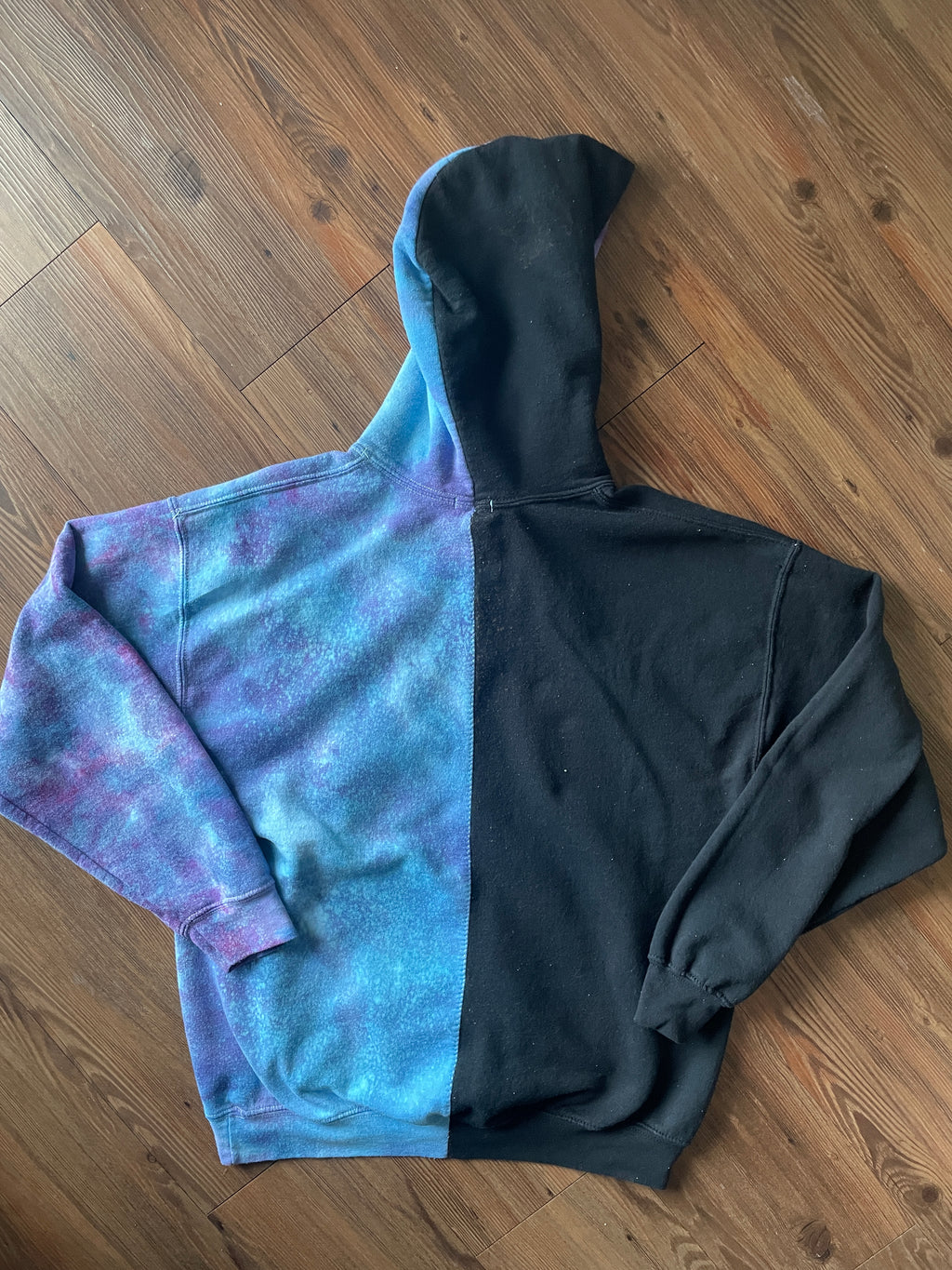 LARGE Men’s SENDR brand Half Galaxy Handmade Tie Dye Sweatshirt | One-Of-a-Kind Black and Blue Long Sleeve Hoodie