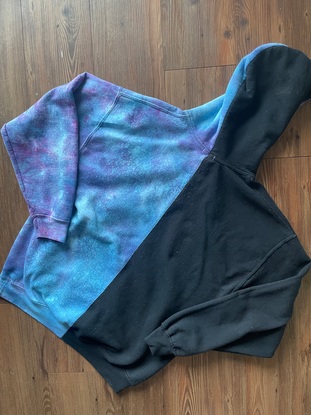 LARGE Men’s SENDR brand Half Galaxy Handmade Tie Dye Sweatshirt | One-Of-a-Kind Black and Blue Long Sleeve Hoodie