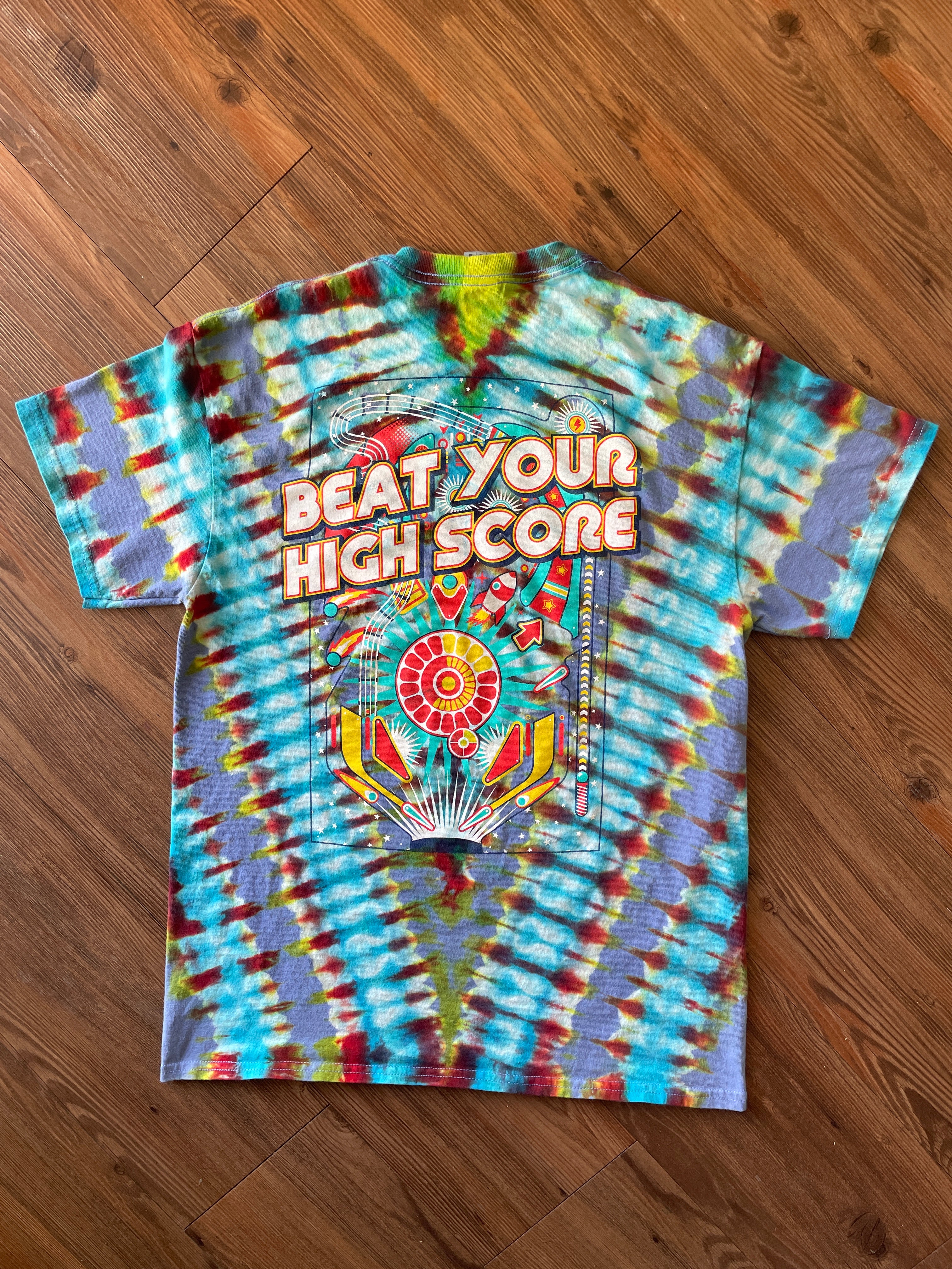 MEDIUM Men’s Pinball Beat Your High Score Handmade Tie Dye T-Shirt | One-Of-a-Kind Funky Multicolor Short Sleeve