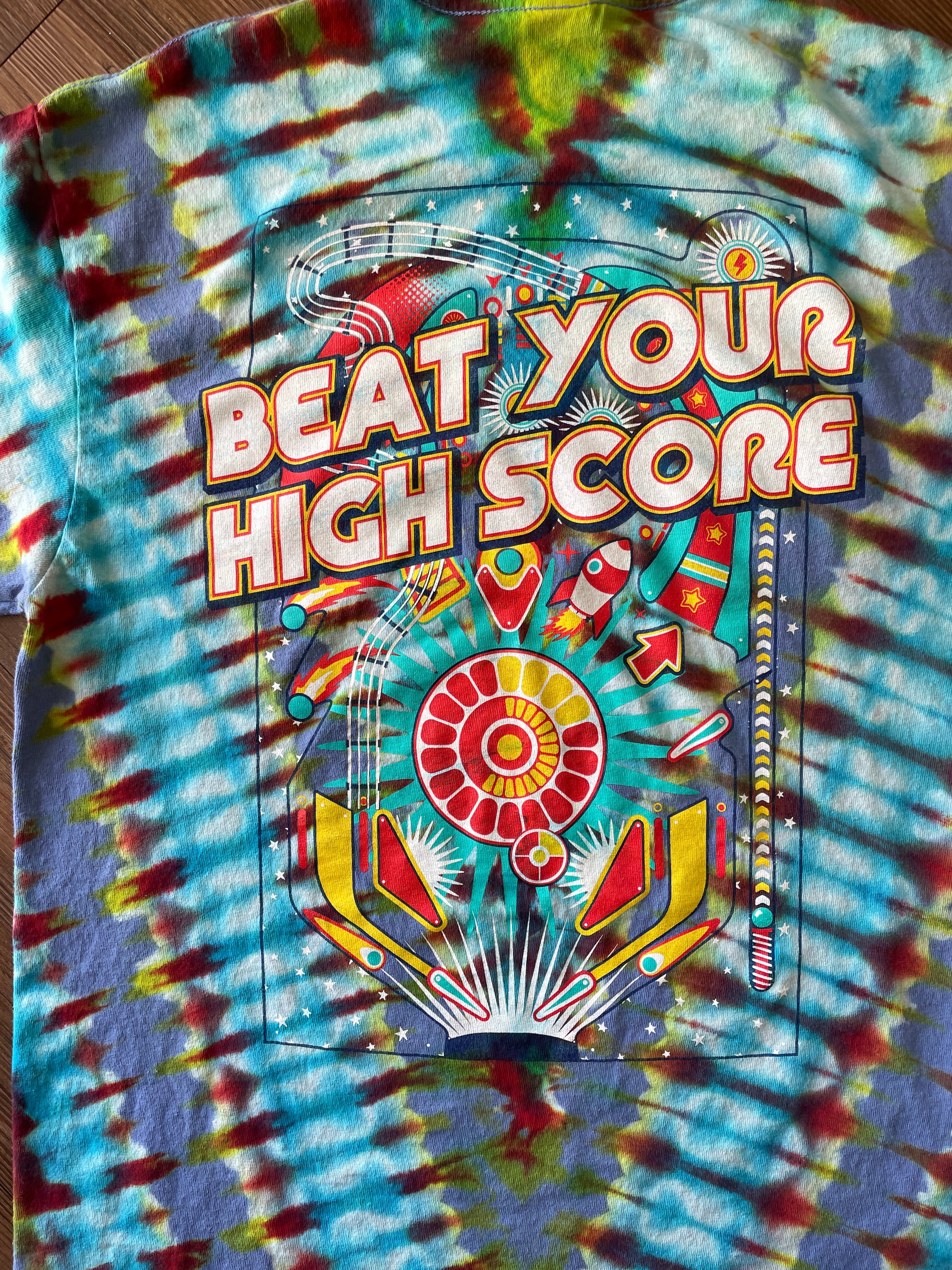 MEDIUM Men’s Pinball Beat Your High Score Handmade Tie Dye T-Shirt | One-Of-a-Kind Funky Multicolor Short Sleeve