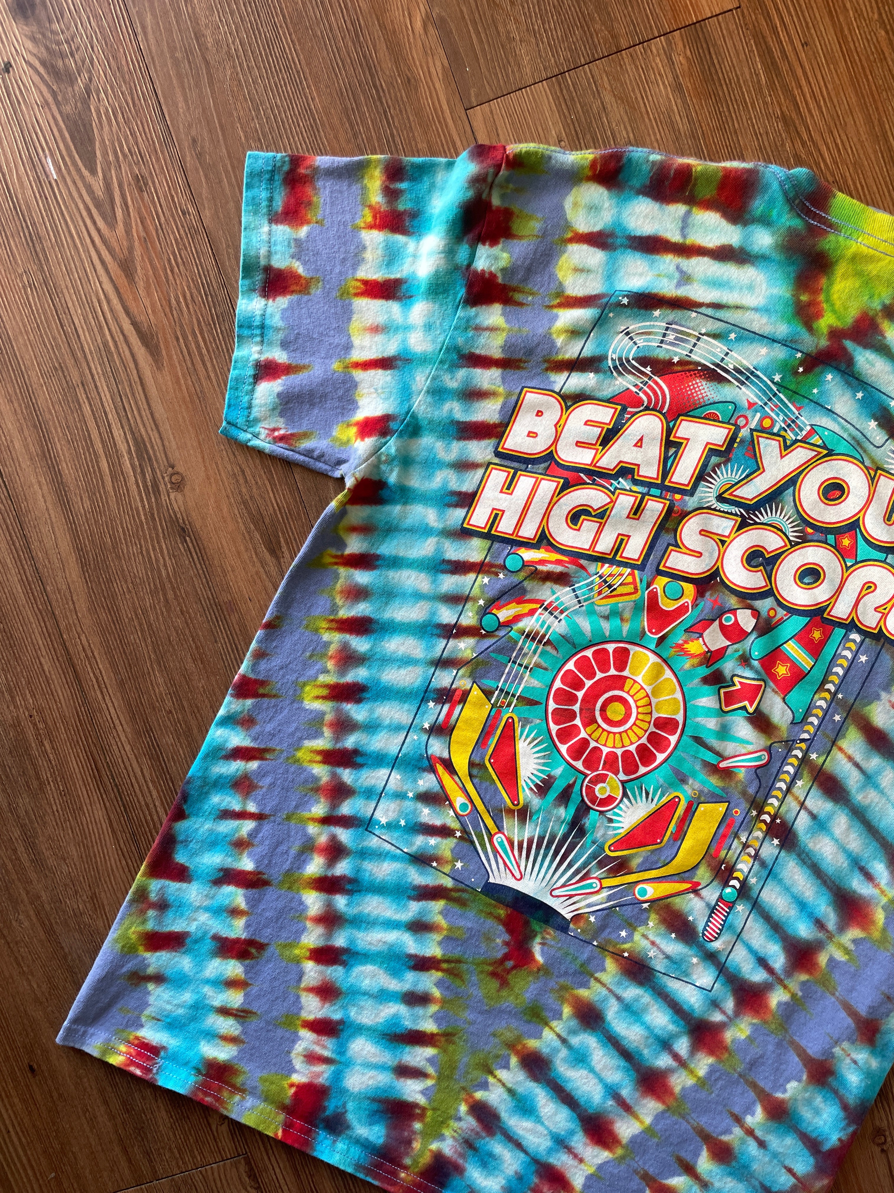 MEDIUM Men’s Pinball Beat Your High Score Handmade Tie Dye T-Shirt | One-Of-a-Kind Funky Multicolor Short Sleeve