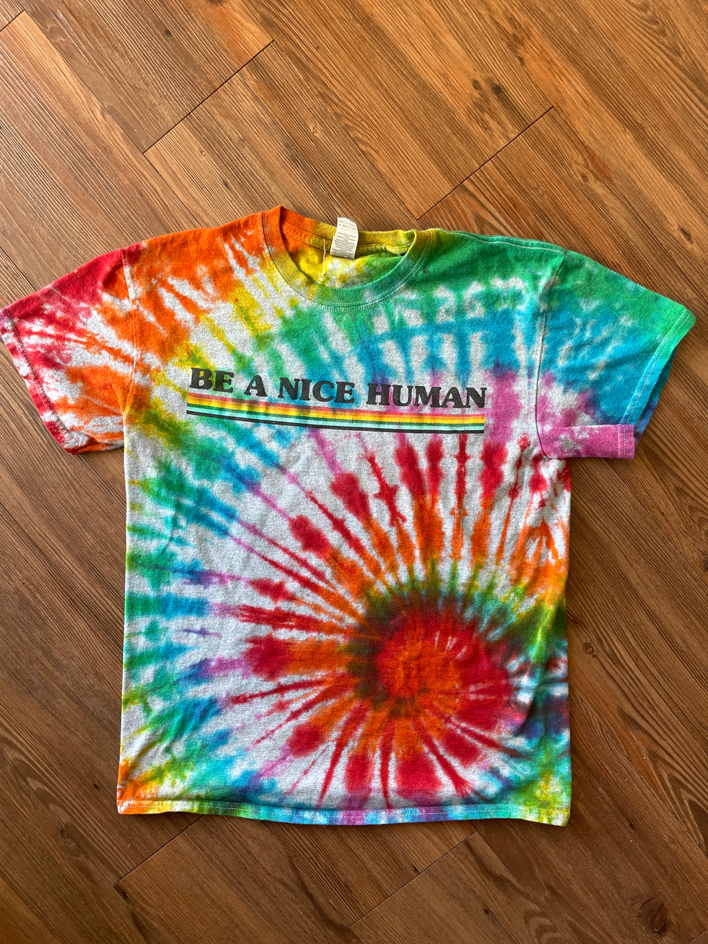 MEDIUM Men’s Be A Nice Human Handmade Tie Dye T-Shirt | One-Of-a-Kind Rainbow Spiral Short Sleeve