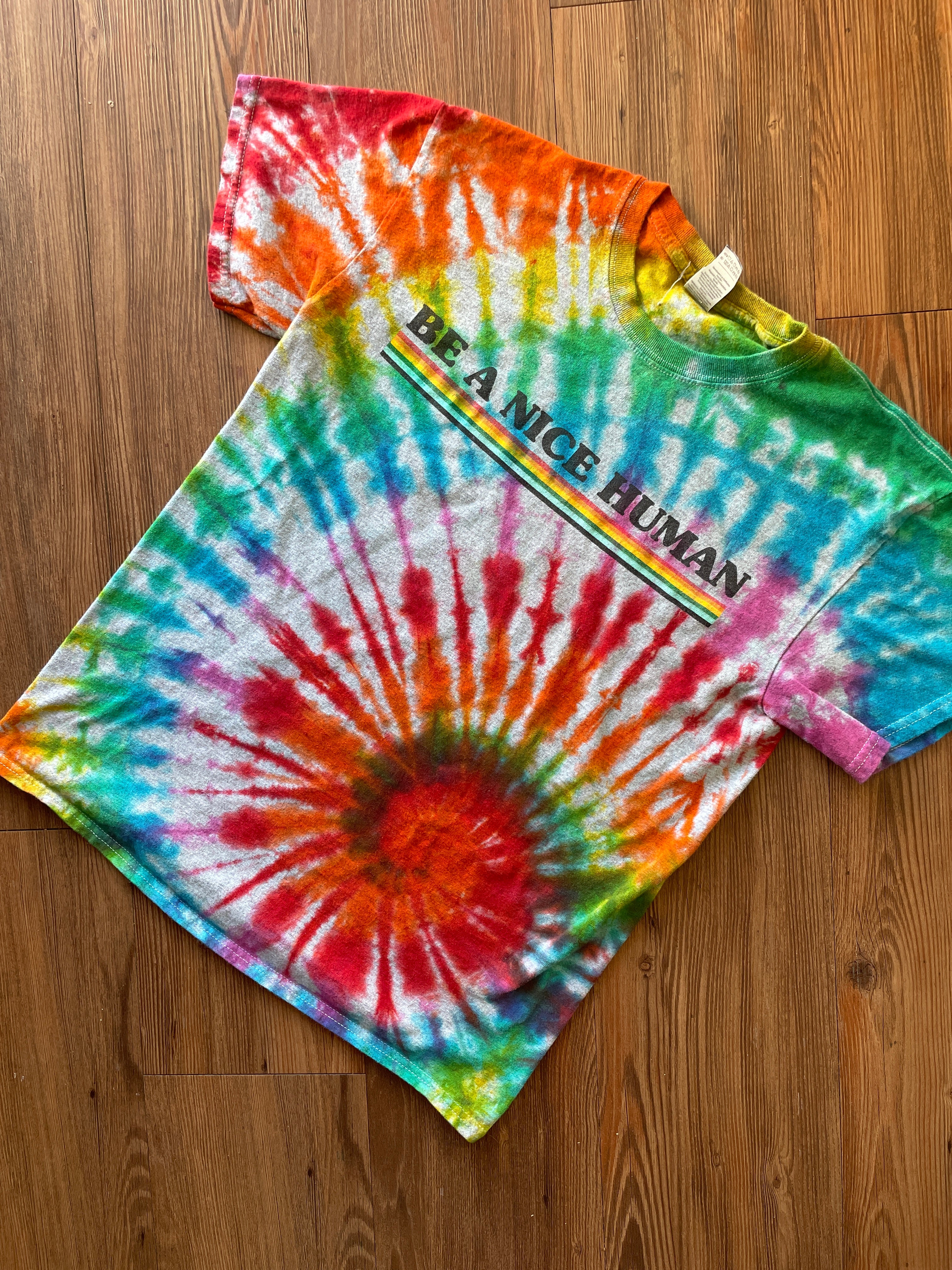 MEDIUM Men’s Be A Nice Human Handmade Tie Dye T-Shirt | One-Of-a-Kind Rainbow Spiral Short Sleeve