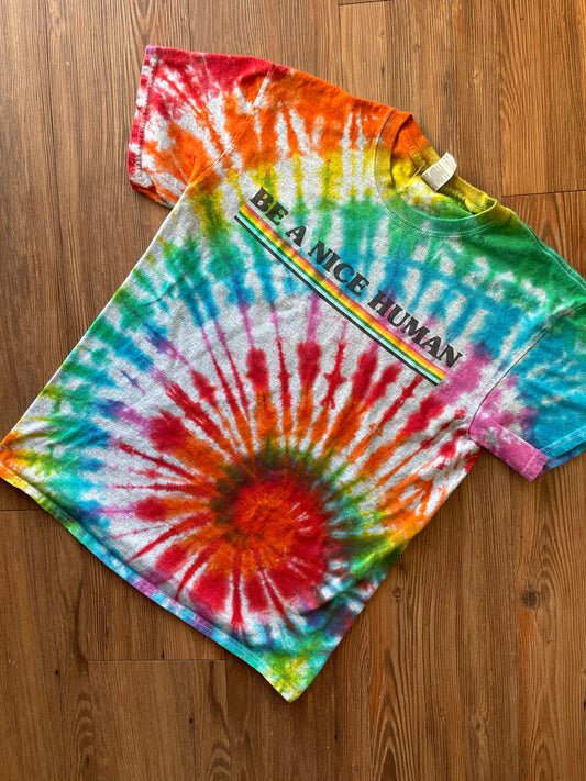 MEDIUM Men’s Be A Nice Human Handmade Tie Dye T-Shirt | One-Of-a-Kind Rainbow Spiral Short Sleeve