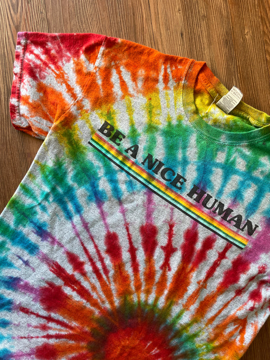 MEDIUM Men’s Be A Nice Human Handmade Tie Dye T-Shirt | One-Of-a-Kind Rainbow Spiral Short Sleeve