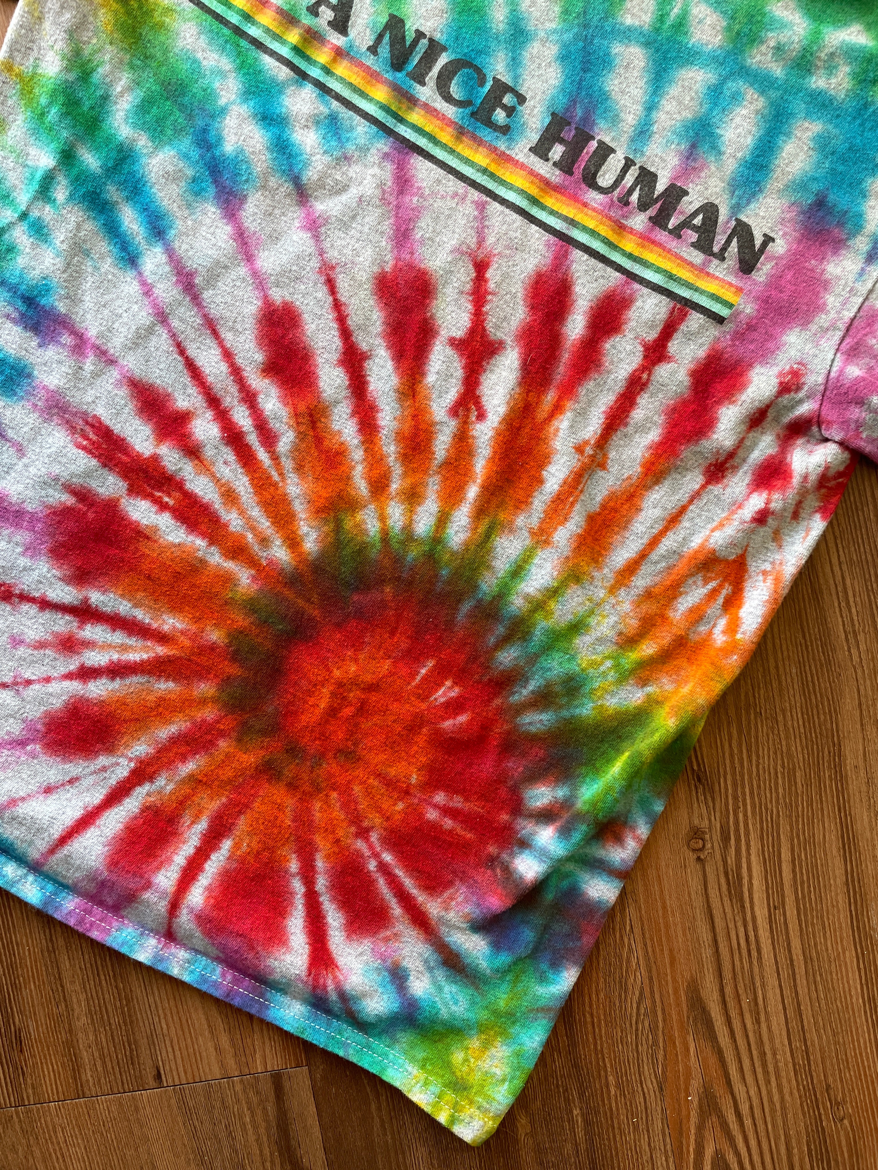 MEDIUM Men’s Be A Nice Human Handmade Tie Dye T-Shirt | One-Of-a-Kind Rainbow Spiral Short Sleeve