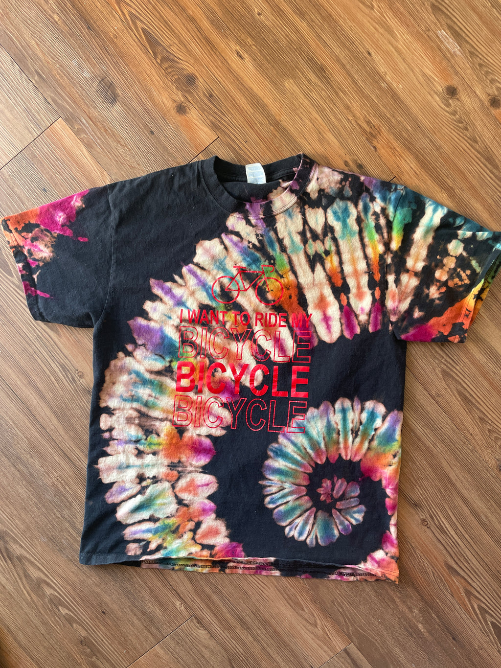 LARGE Men’s I Want To Ride My Bicycle Handmade Tie Dye T-Shirt | One-Of-a-Kind Black and Rainbow Spiral Short Sleeve