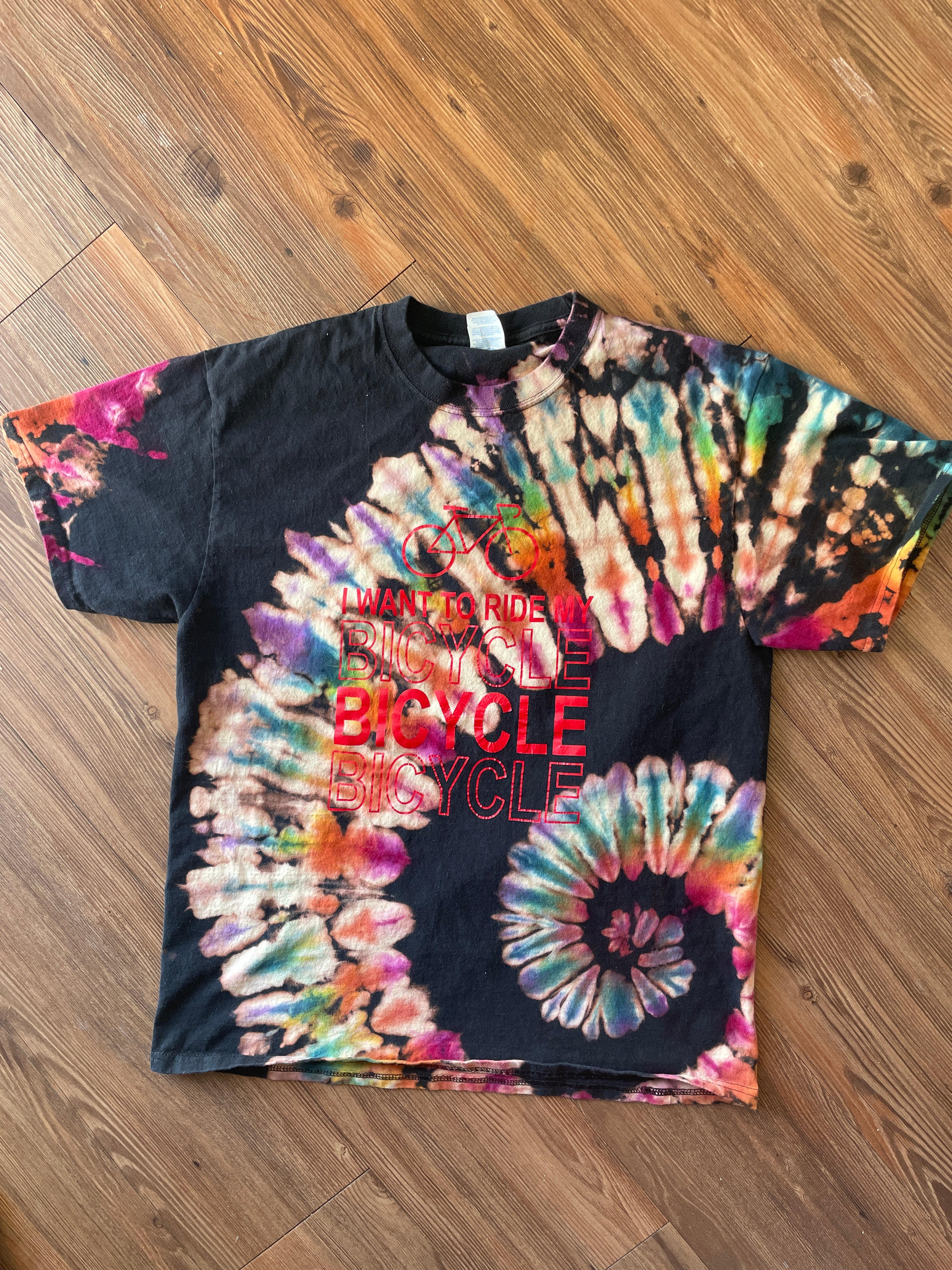 LARGE Men’s I Want To Ride My Bicycle Handmade Tie Dye T-Shirt | One-Of-a-Kind Black and Rainbow Spiral Short Sleeve