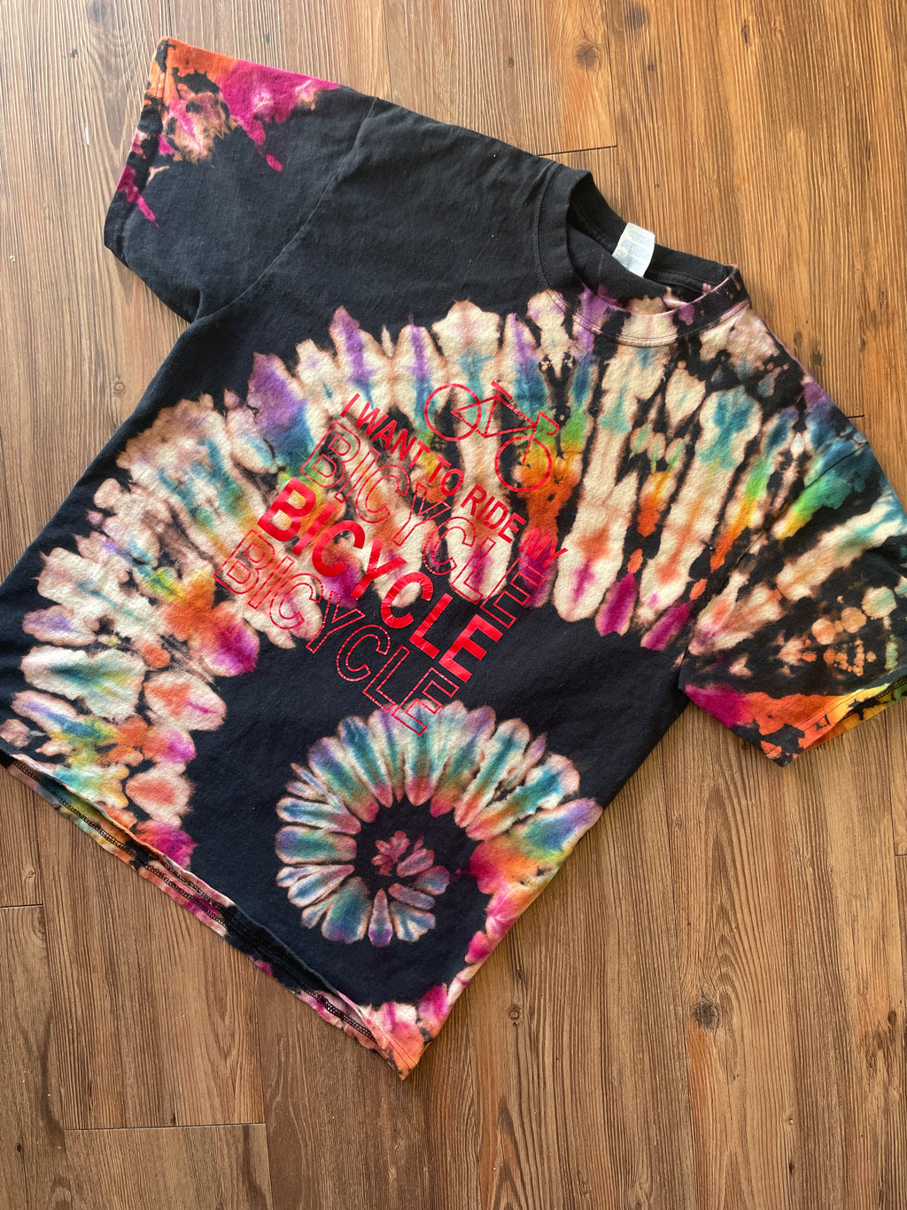 LARGE Men’s I Want To Ride My Bicycle Handmade Tie Dye T-Shirt | One-Of-a-Kind Black and Rainbow Spiral Short Sleeve