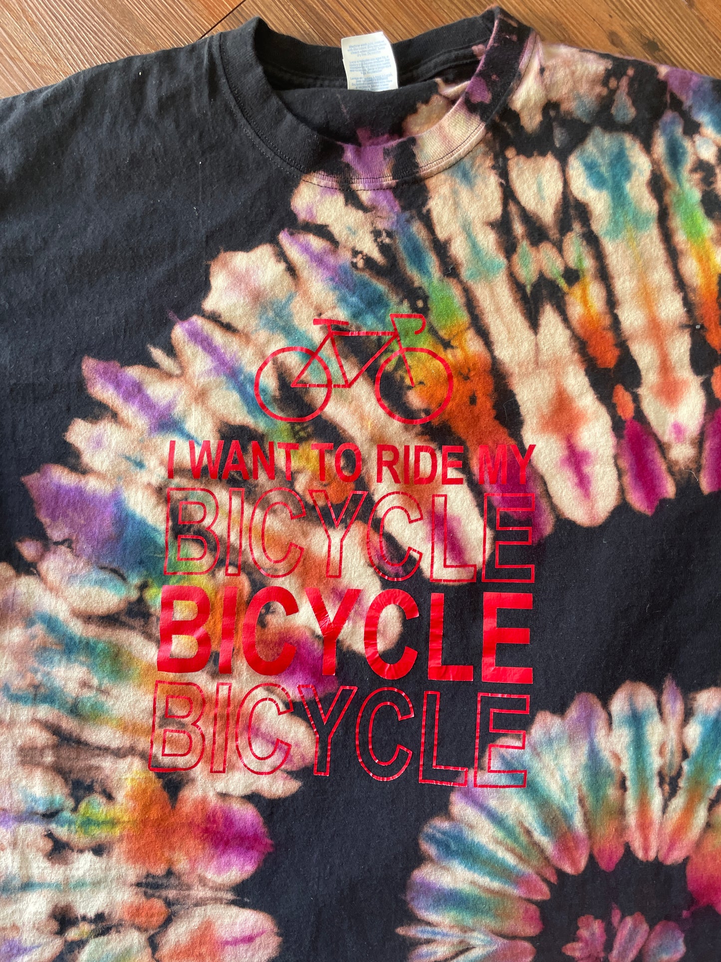 LARGE Men’s I Want To Ride My Bicycle Handmade Tie Dye T-Shirt | One-Of-a-Kind Black and Rainbow Spiral Short Sleeve