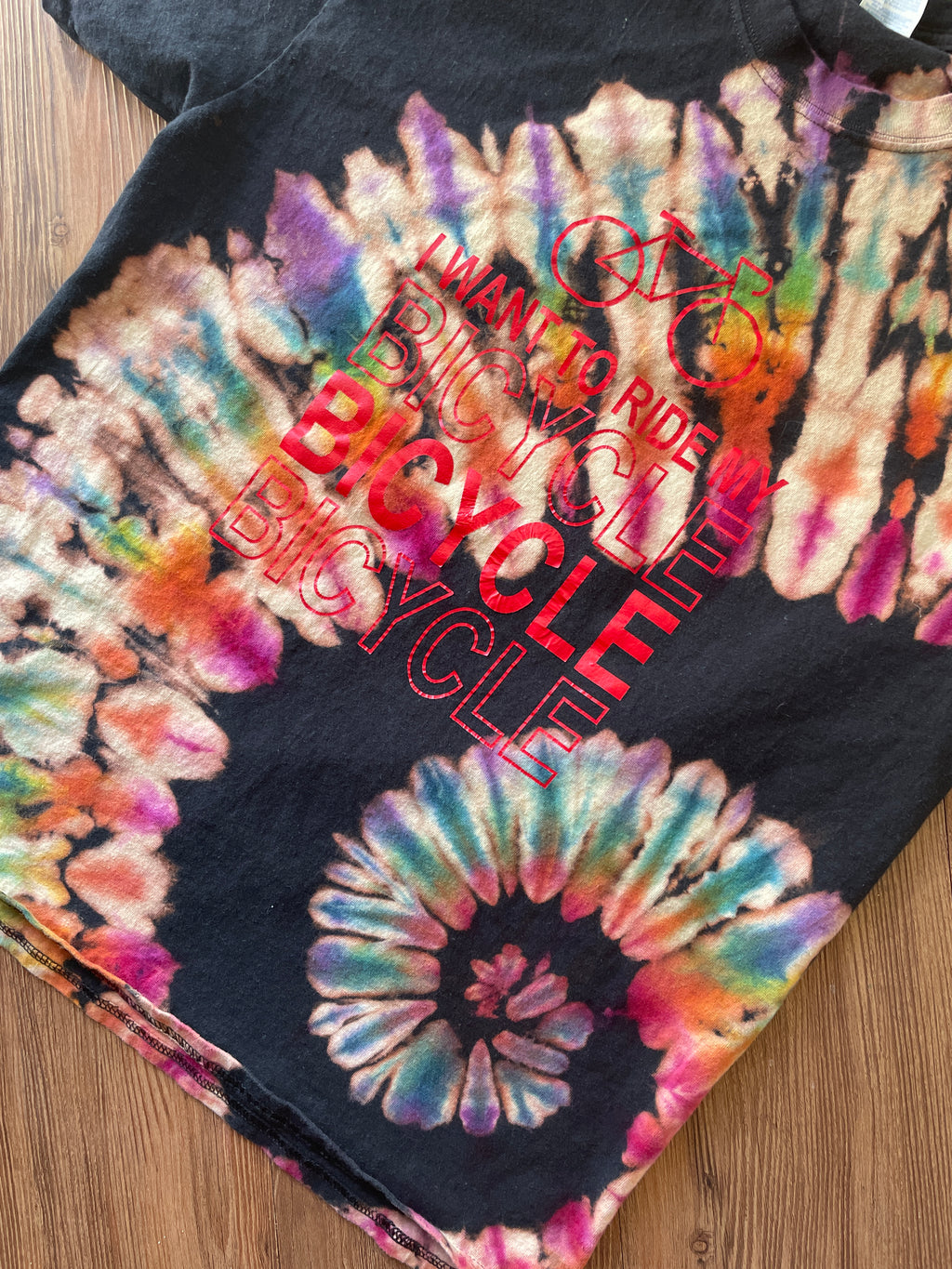 LARGE Men’s I Want To Ride My Bicycle Handmade Tie Dye T-Shirt | One-Of-a-Kind Black and Rainbow Spiral Short Sleeve