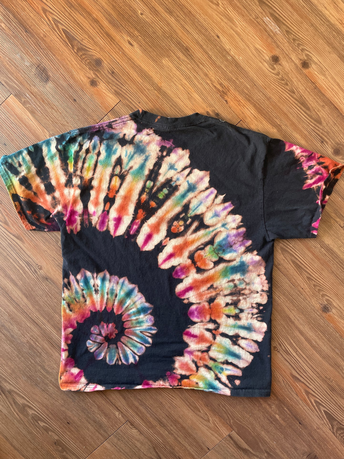 LARGE Men’s I Want To Ride My Bicycle Handmade Tie Dye T-Shirt | One-Of-a-Kind Black and Rainbow Spiral Short Sleeve