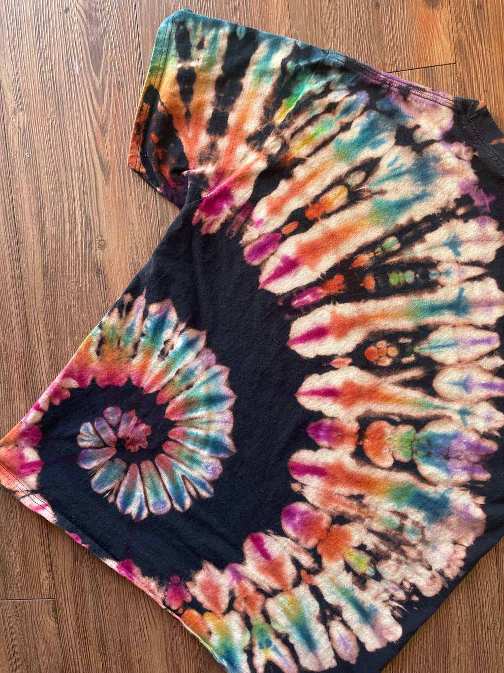 LARGE Men’s I Want To Ride My Bicycle Handmade Tie Dye T-Shirt | One-Of-a-Kind Black and Rainbow Spiral Short Sleeve