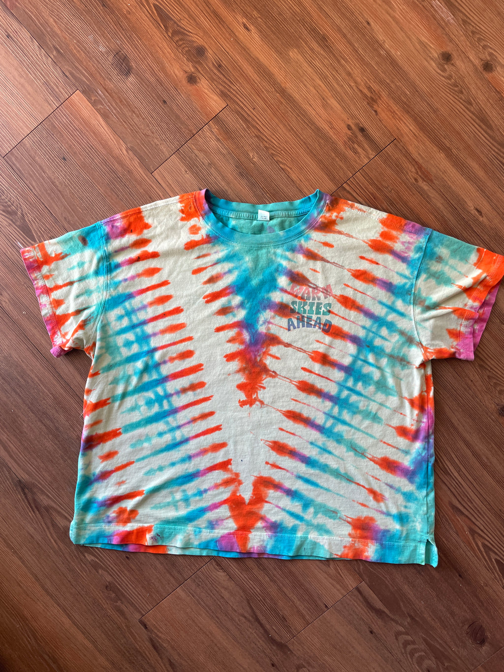 XL Women's Warm Skies Ahead Handmade Tie Dye T-Shirt | One-Of-a-Kind Yellow and Orange Short Sleeve