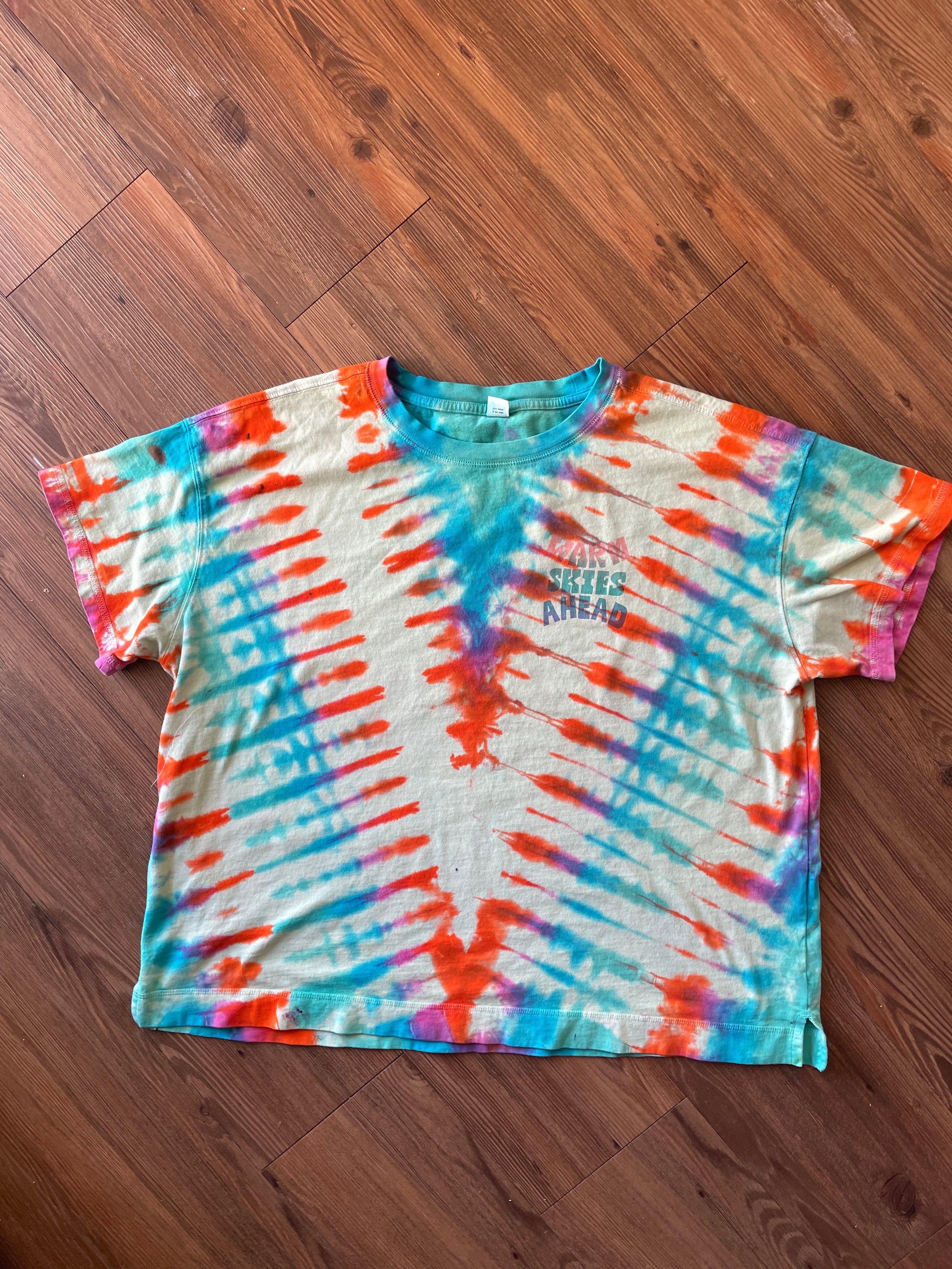 XL Women's Warm Skies Ahead Handmade Tie Dye T-Shirt | One-Of-a-Kind Yellow and Orange Short Sleeve