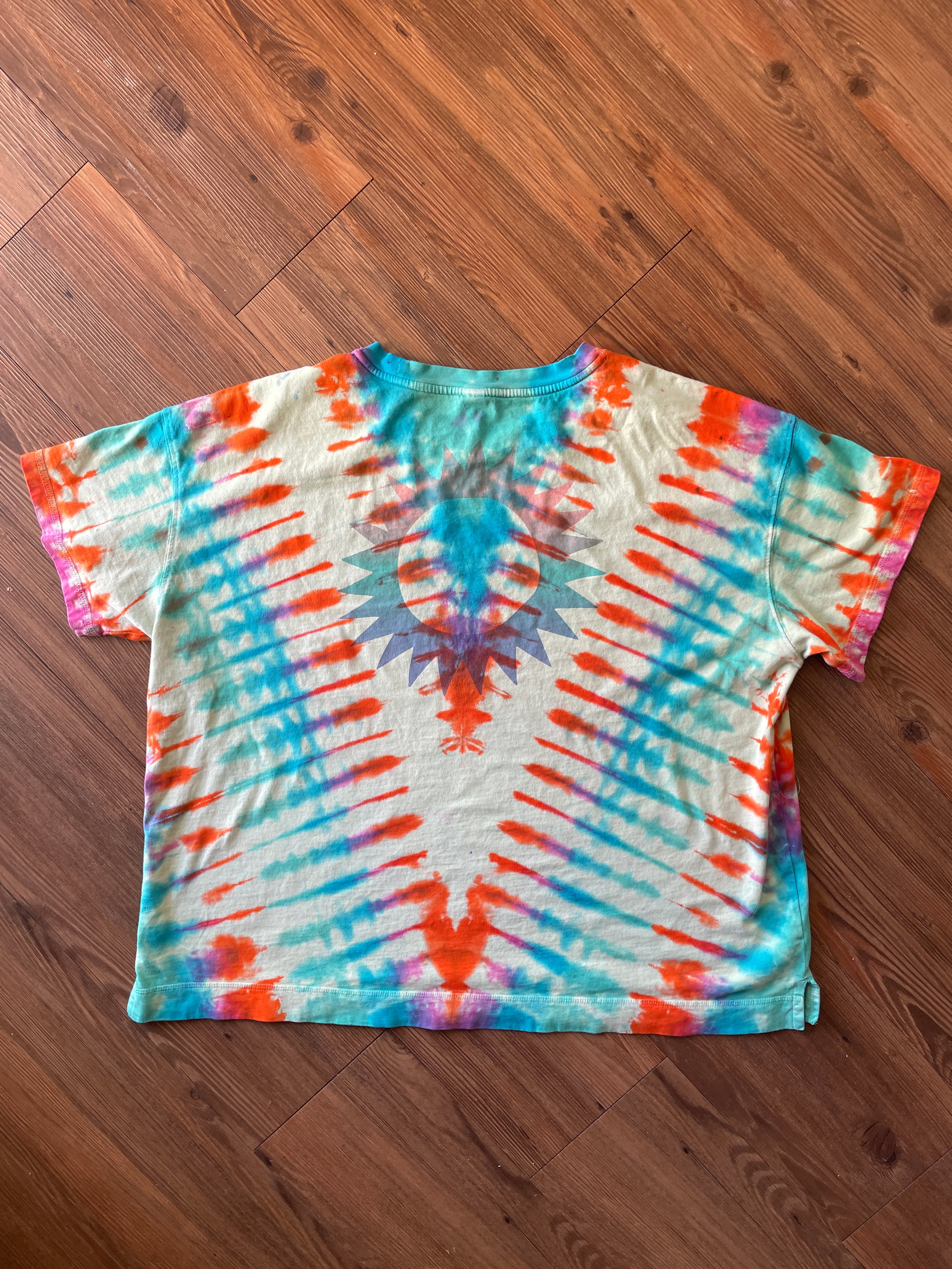 XL Women's Warm Skies Ahead Handmade Tie Dye T-Shirt | One-Of-a-Kind Yellow and Orange Short Sleeve