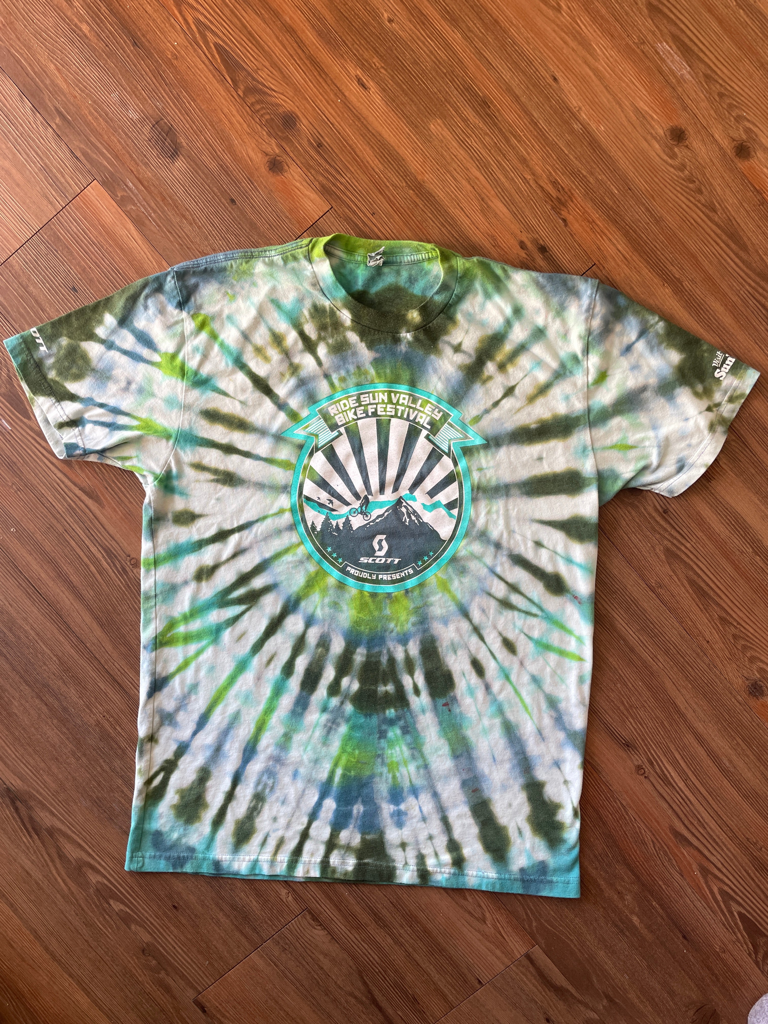LARGE Men’s Scott Sports Sun Valley Bike Festival Handmade Tie Dye T-Shirt | One-Of-a-Kind Green and Blue Short Sleeve