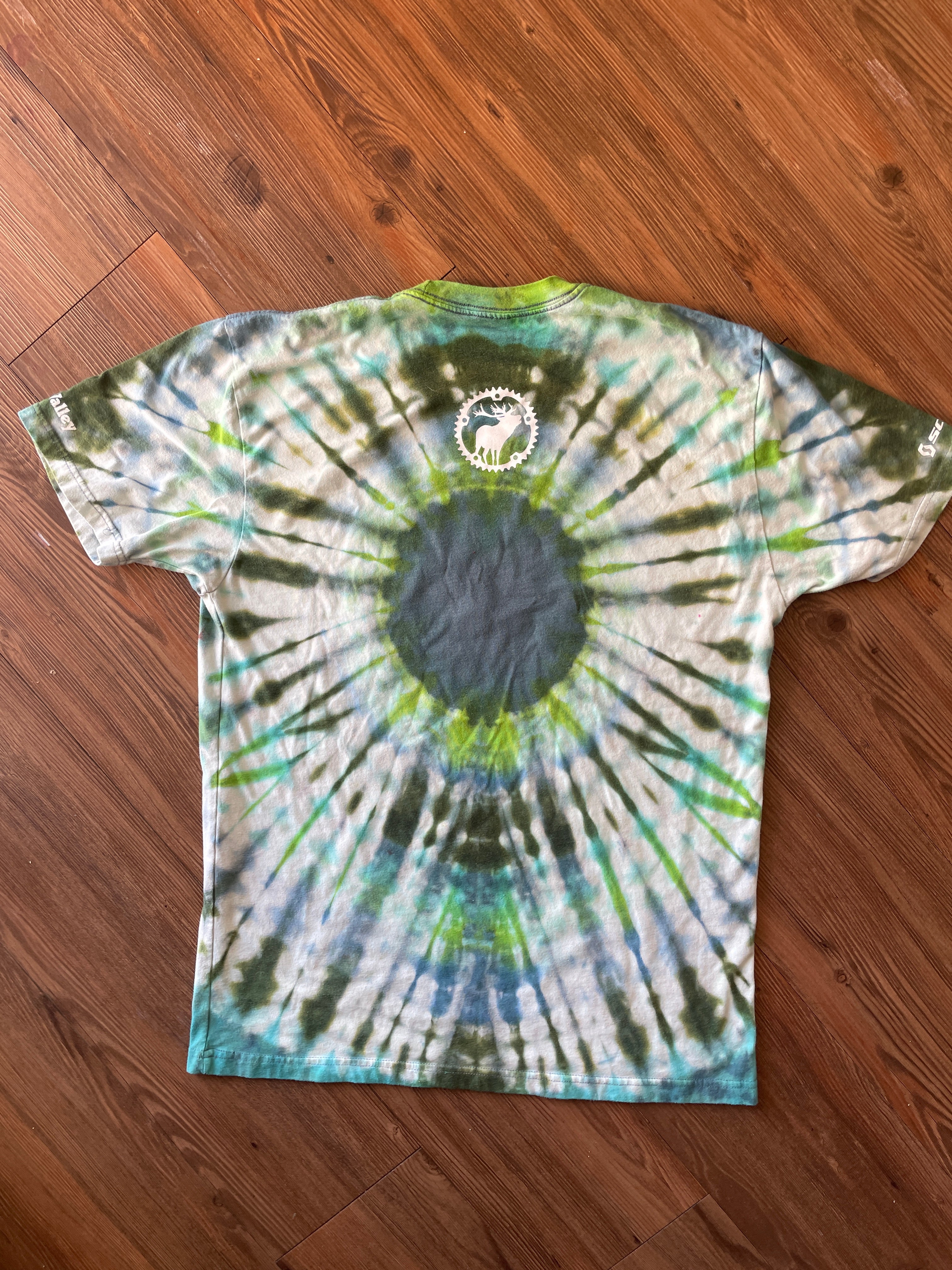 LARGE Men’s Scott Sports Sun Valley Bike Festival Handmade Tie Dye T-Shirt | One-Of-a-Kind Green and Blue Short Sleeve