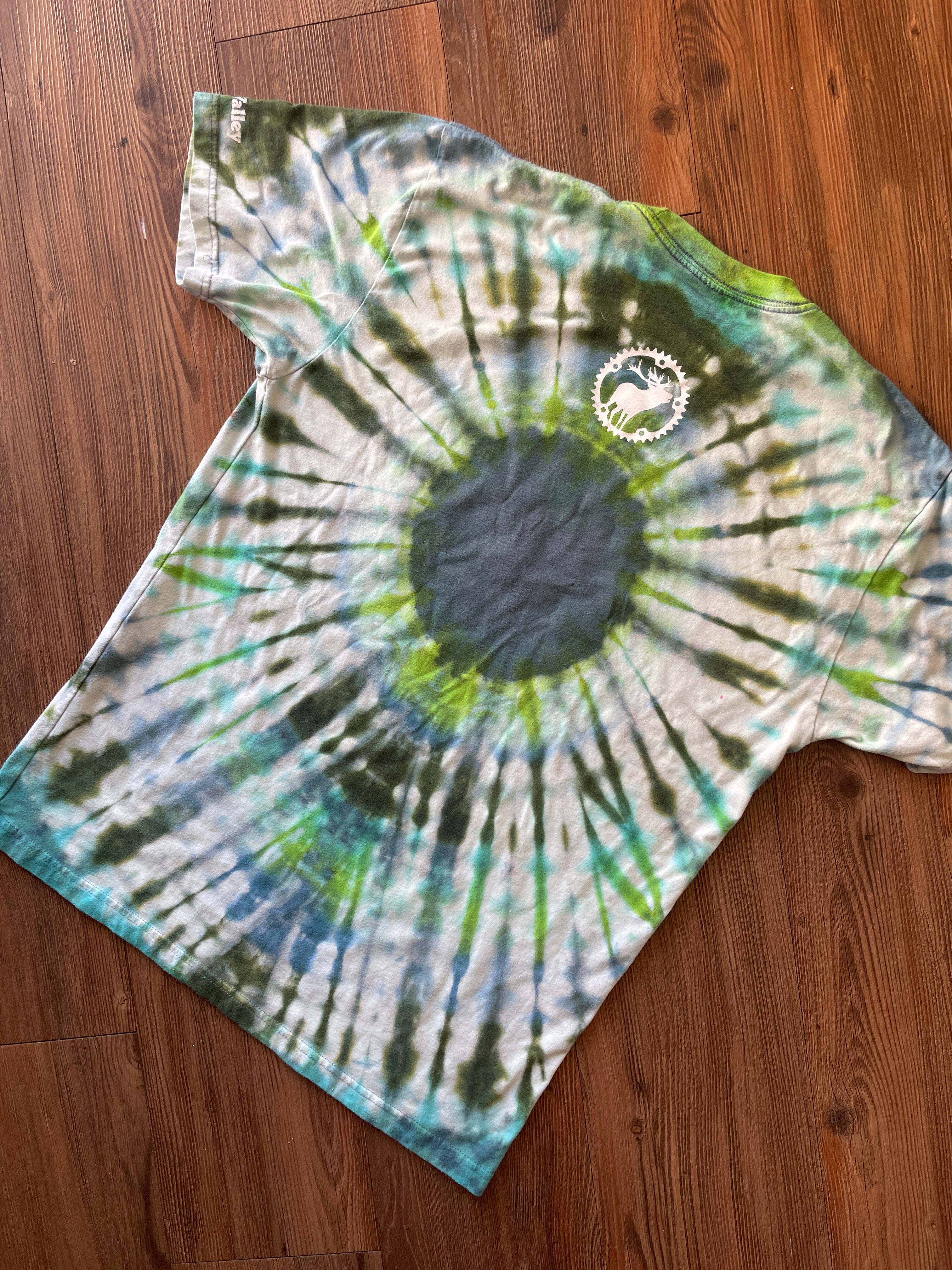 LARGE Men’s Scott Sports Sun Valley Bike Festival Handmade Tie Dye T-Shirt | One-Of-a-Kind Green and Blue Short Sleeve