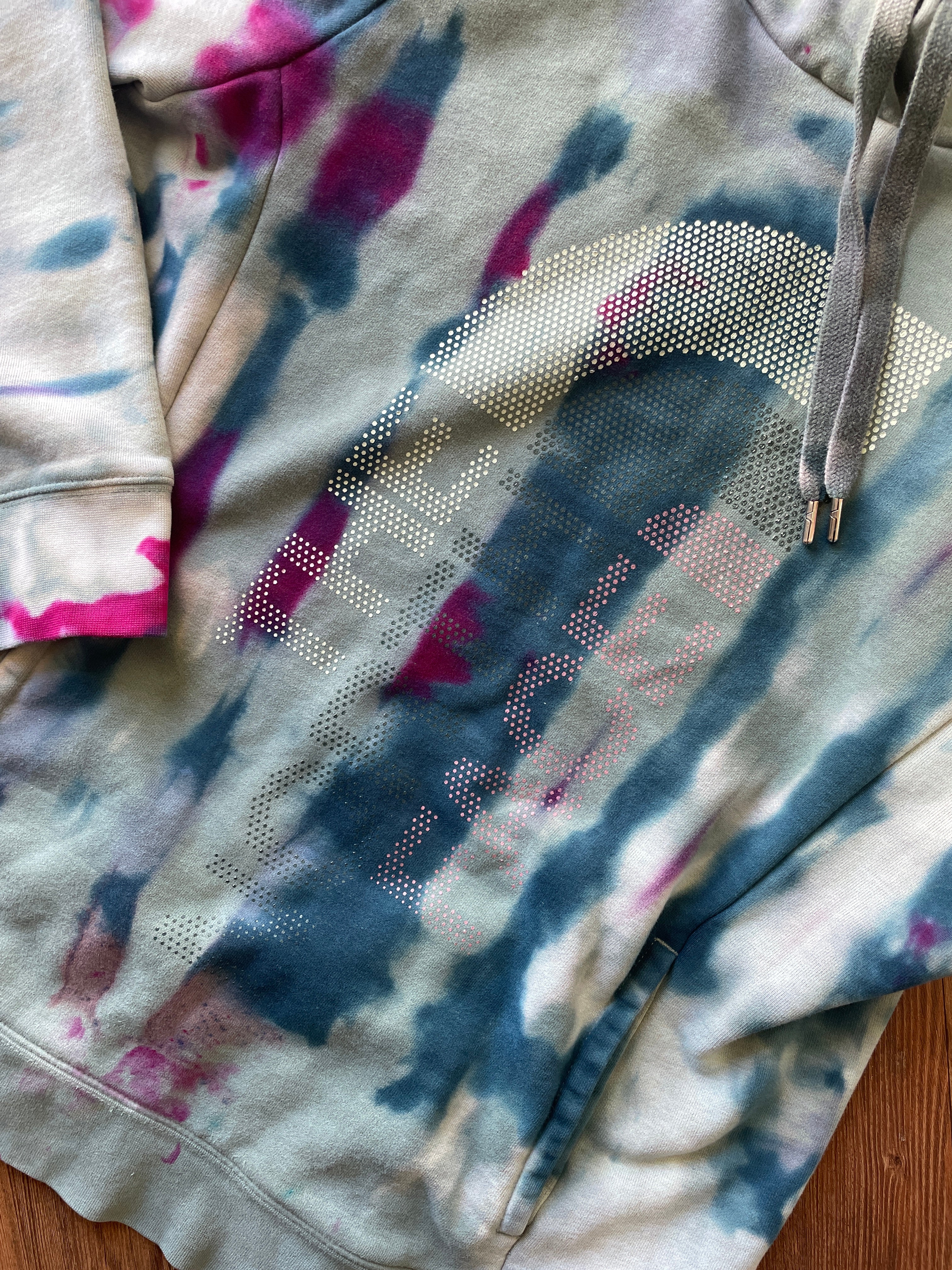 LARGE Women’s The North Face Half Dome Handmade Tie Dye Hoodie | Mint Green and Blue Pleated Long Sleeve