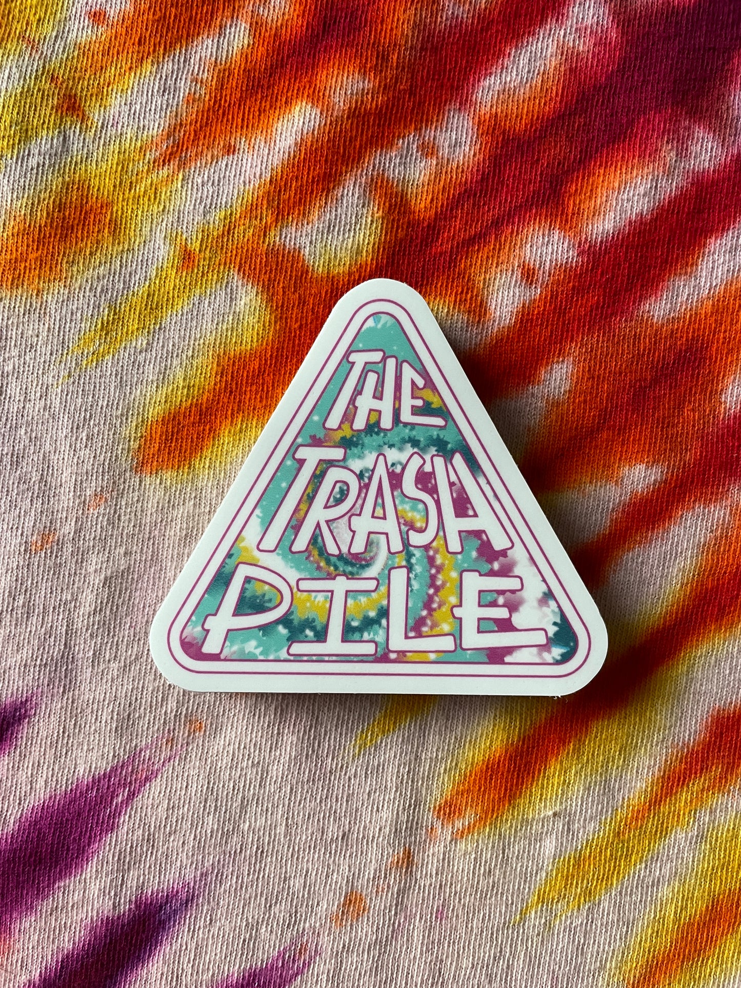 The Trash Pile Logo Sticker—Multicolor Pink, Teal, and Yellow