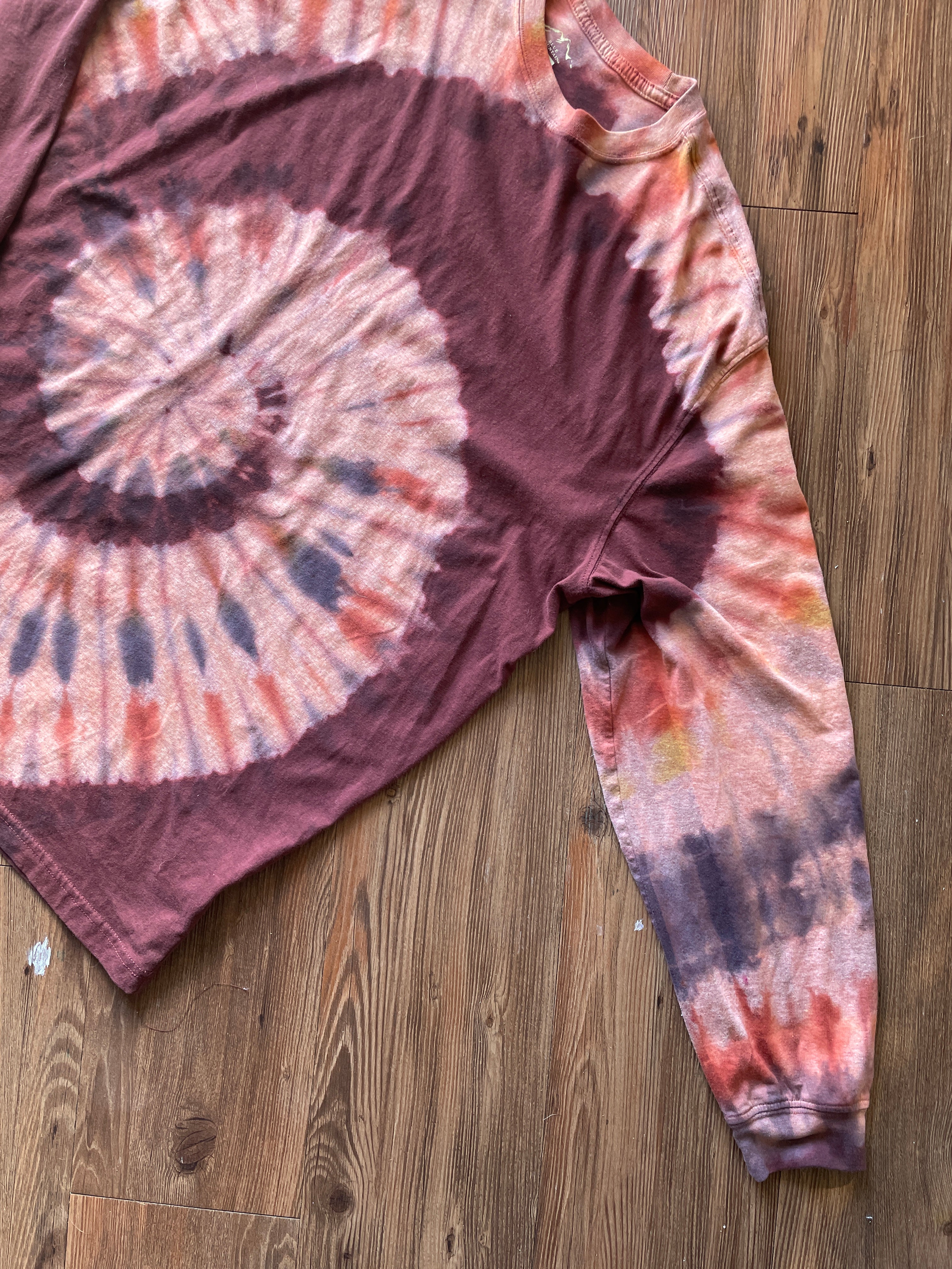 2XL Men’s Maroon and Orange Spiral Handmade Reverse Tie Dye T-Shirt | One-Of-a-Kind Warm Toned Long Sleeve