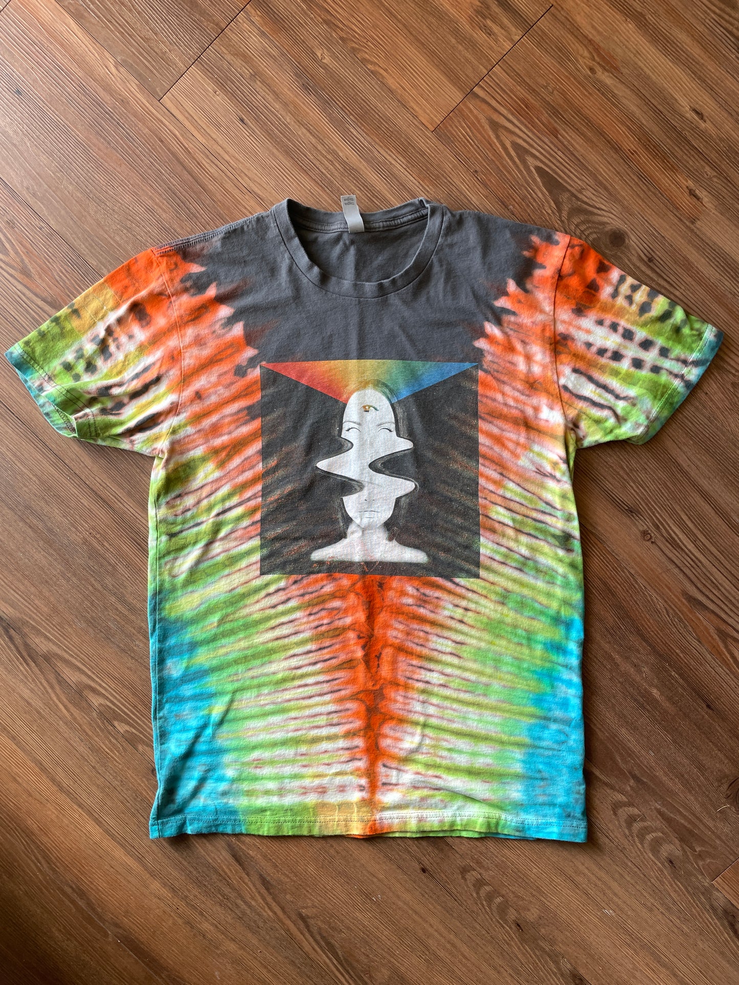 MEDIUM Men’s Psychedelic Lady Head Handmade Tie Dye T-Shirt | One-Of-a-Kind Neon Orange and Gray Short Sleeve