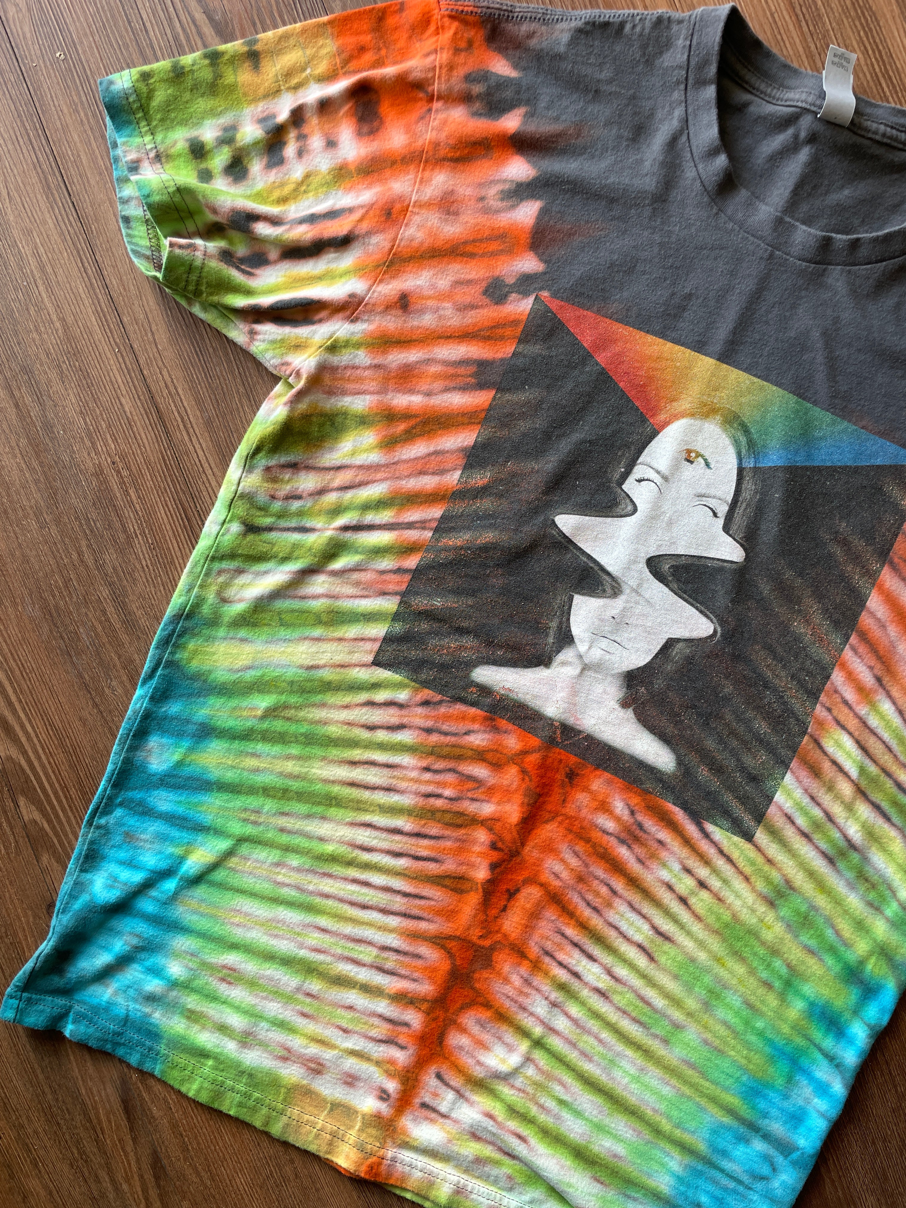 MEDIUM Men’s Psychedelic Lady Head Handmade Tie Dye T-Shirt | One-Of-a-Kind Neon Orange and Gray Short Sleeve