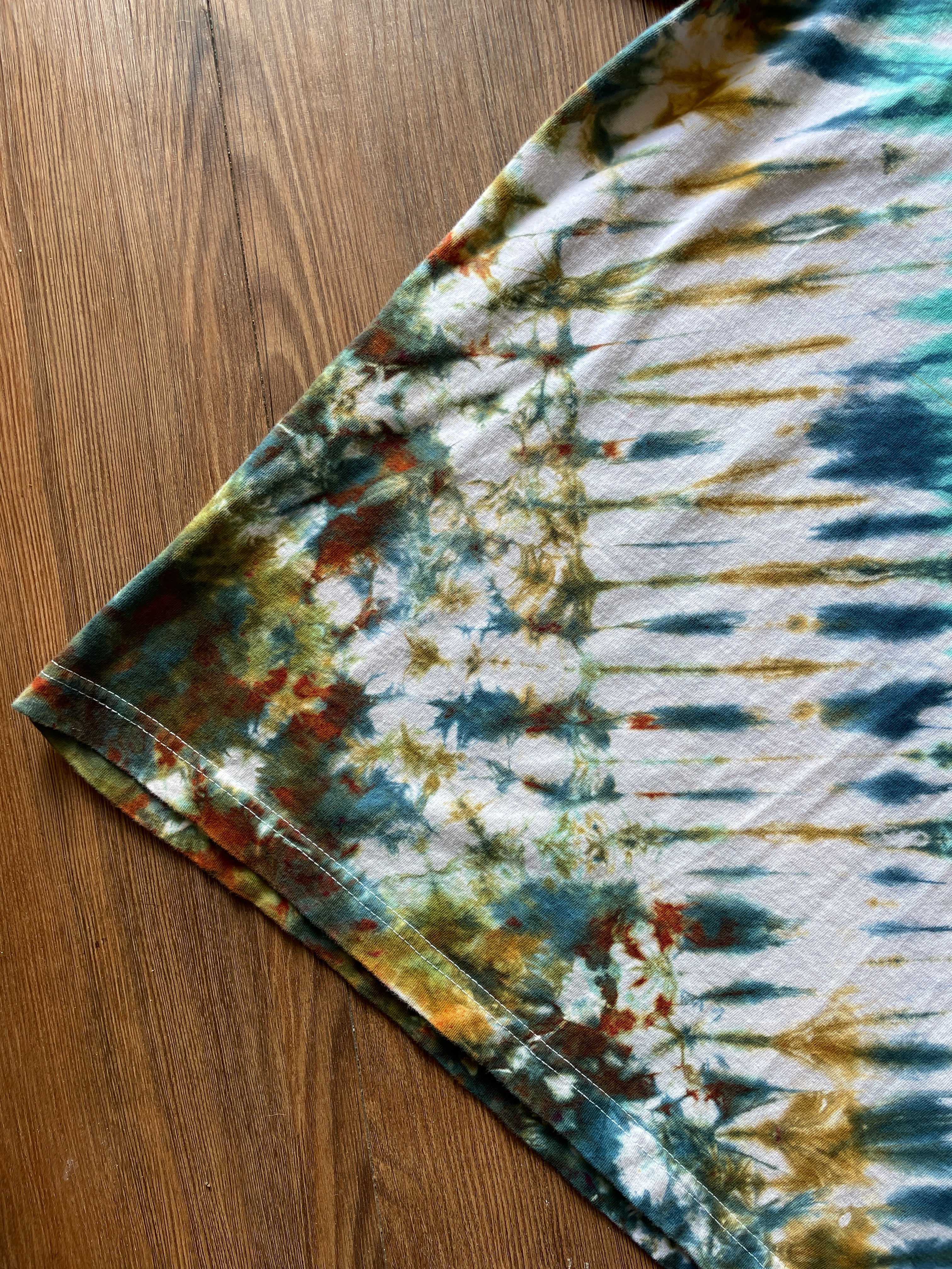 LARGE Men’s The Saddlery Bullrider Handmade Tie Dye T-Shirt | One-Of-a-Kind White, Blue, Green, and Brown Short Sleeve