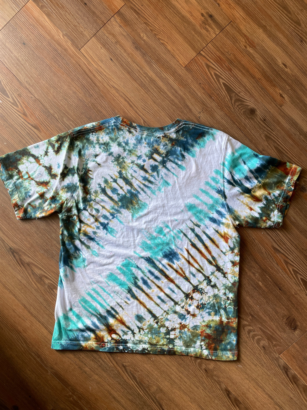 LARGE Men’s The Saddlery Bullrider Handmade Tie Dye T-Shirt | One-Of-a-Kind White, Blue, Green, and Brown Short Sleeve