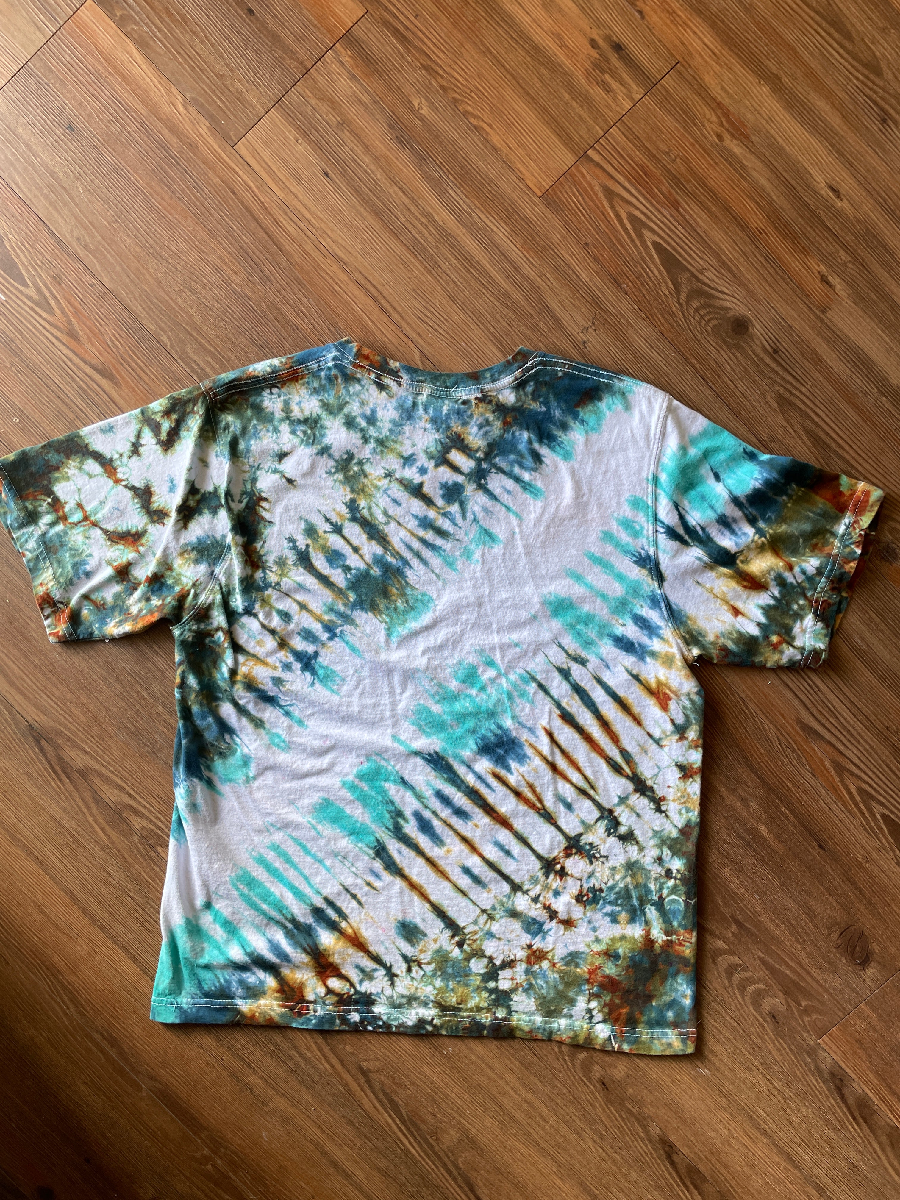 LARGE Men’s The Saddlery Bullrider Handmade Tie Dye T-Shirt | One-Of-a-Kind White, Blue, Green, and Brown Short Sleeve