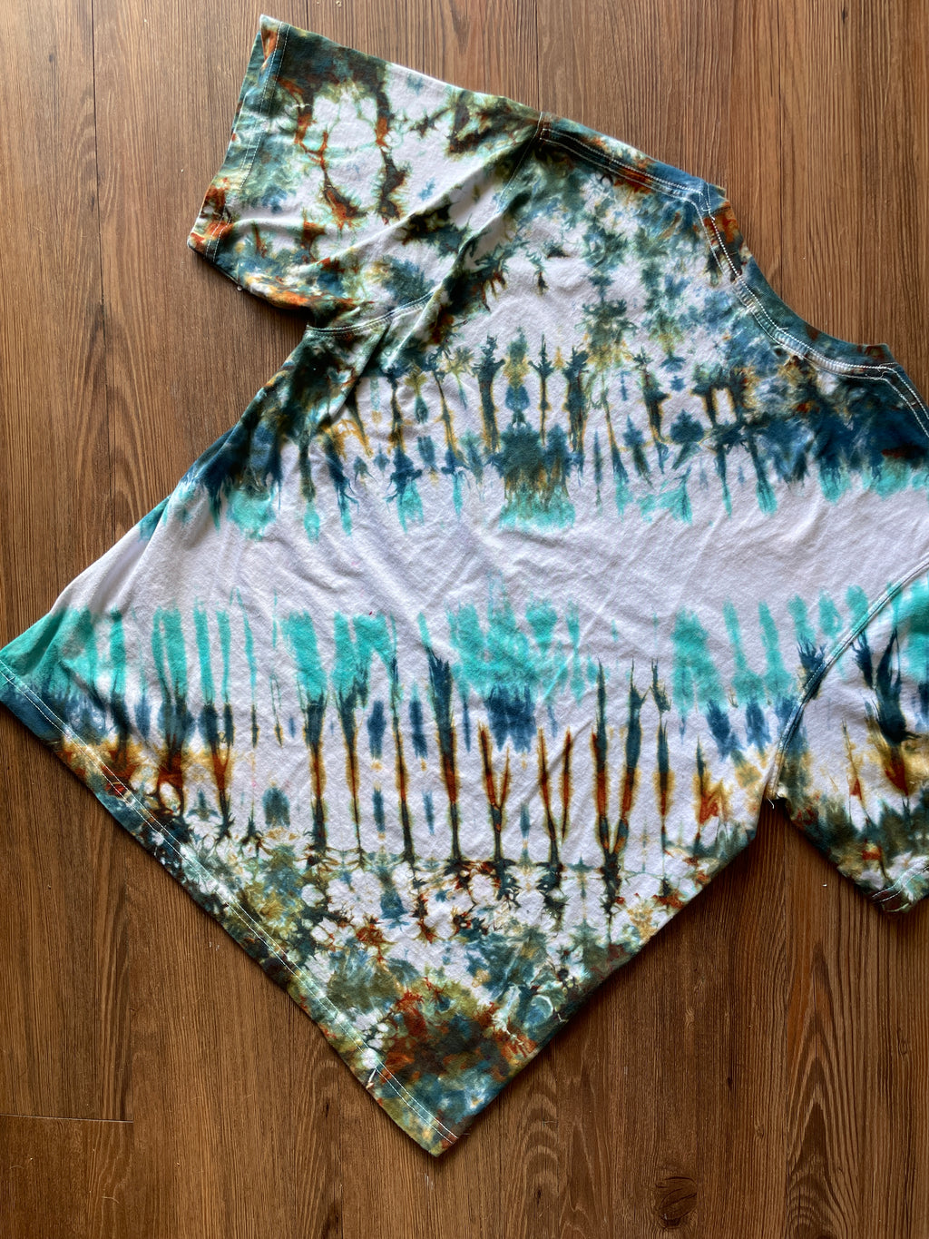 LARGE Men’s The Saddlery Bullrider Handmade Tie Dye T-Shirt | One-Of-a-Kind White, Blue, Green, and Brown Short Sleeve