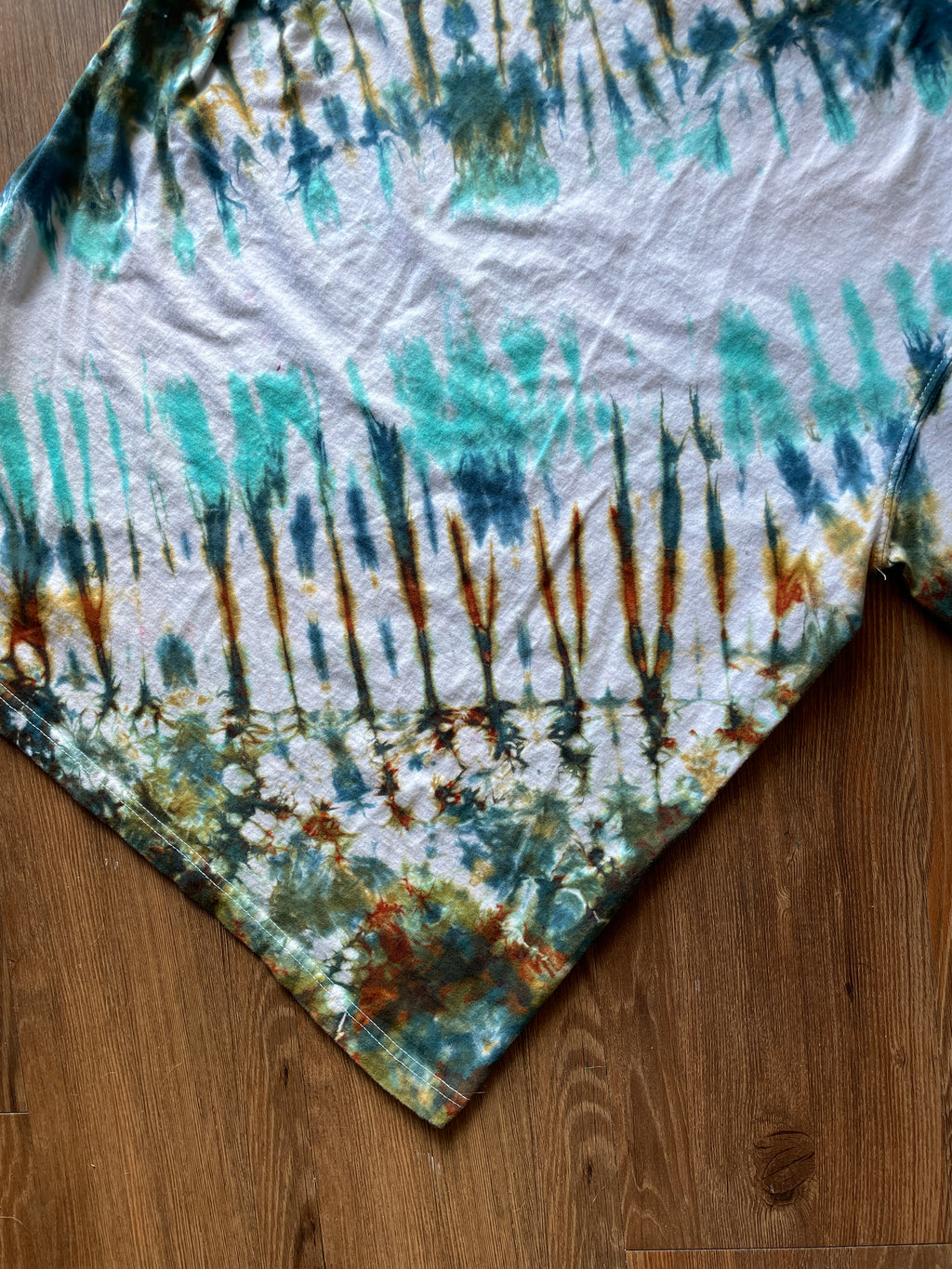 LARGE Men’s The Saddlery Bullrider Handmade Tie Dye T-Shirt | One-Of-a-Kind White, Blue, Green, and Brown Short Sleeve